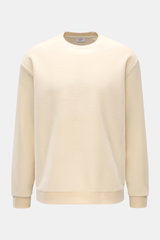 Front view of the 04651/ A trip in a bag Rundhalspullover creme, a cream-colored crewneck sweatshirt with soft fleece texture.

Description: <p>Legeres Layering Piece: Der Rundhalspullover von 04651/ A TRIP IN A BAG überzeugt mit seiner samtigen Fleece-Te