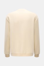 Back view of the 04651/ A trip in a bag Rundhalspullover creme, a casual cream fleece sweatshirt made from a wool-cotton blend with ribbed neckline and cuffs, regular fit, and a side seam web label.

Description: <p>Legeres Layering Piece: Der Rundhalspul