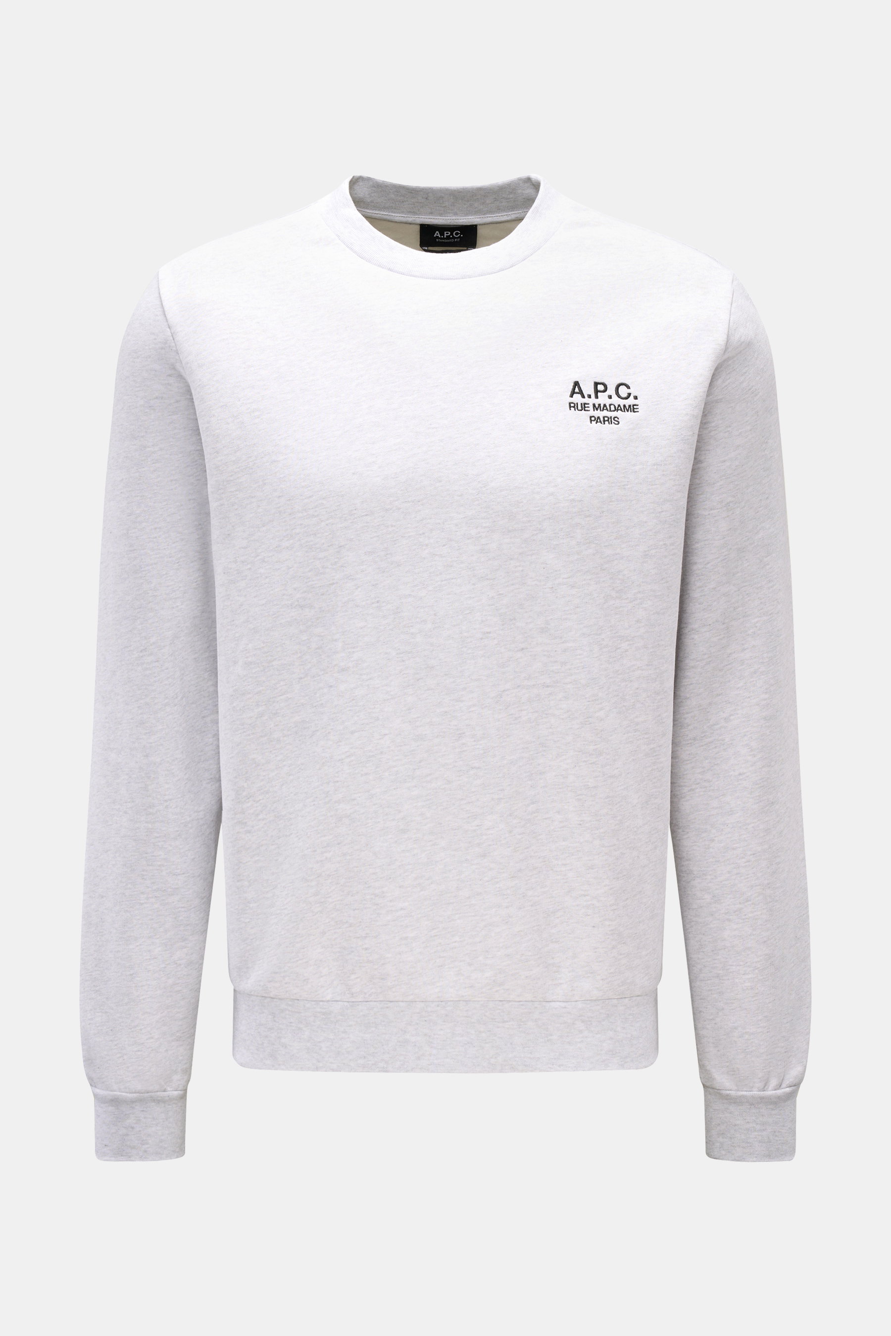 Front view of A.P.C. Rundhals-Sweatshirt 'Standard Rue Madame' grau meliert, a slim fit grey melange sweatshirt with a round neckline and contrasting logo stitching on the chest. 

<p>Streetwear mit französischem Flair: Das minimalistische Sweatshirt 'Sta