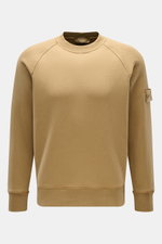 Stone Island Crew neck sweatshirt 'Ghost Piece' light brown shown from front, pure cotton, lightweight fabric, regular fit, crew neck, raglan sleeves, tonal compass badge on upper sleeve, ribbed bands. 

<p>A timeless basic piece: This sporty sweatshirt f