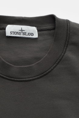 Stone Island Rundhals-Sweatshirt 'Basic Sweat' dunkelgrau, Nahaufnahme von Kragen und Label, Baumwolle, weicher Griff, Regular Fit, Rippbündchen, Kompass-Badge.