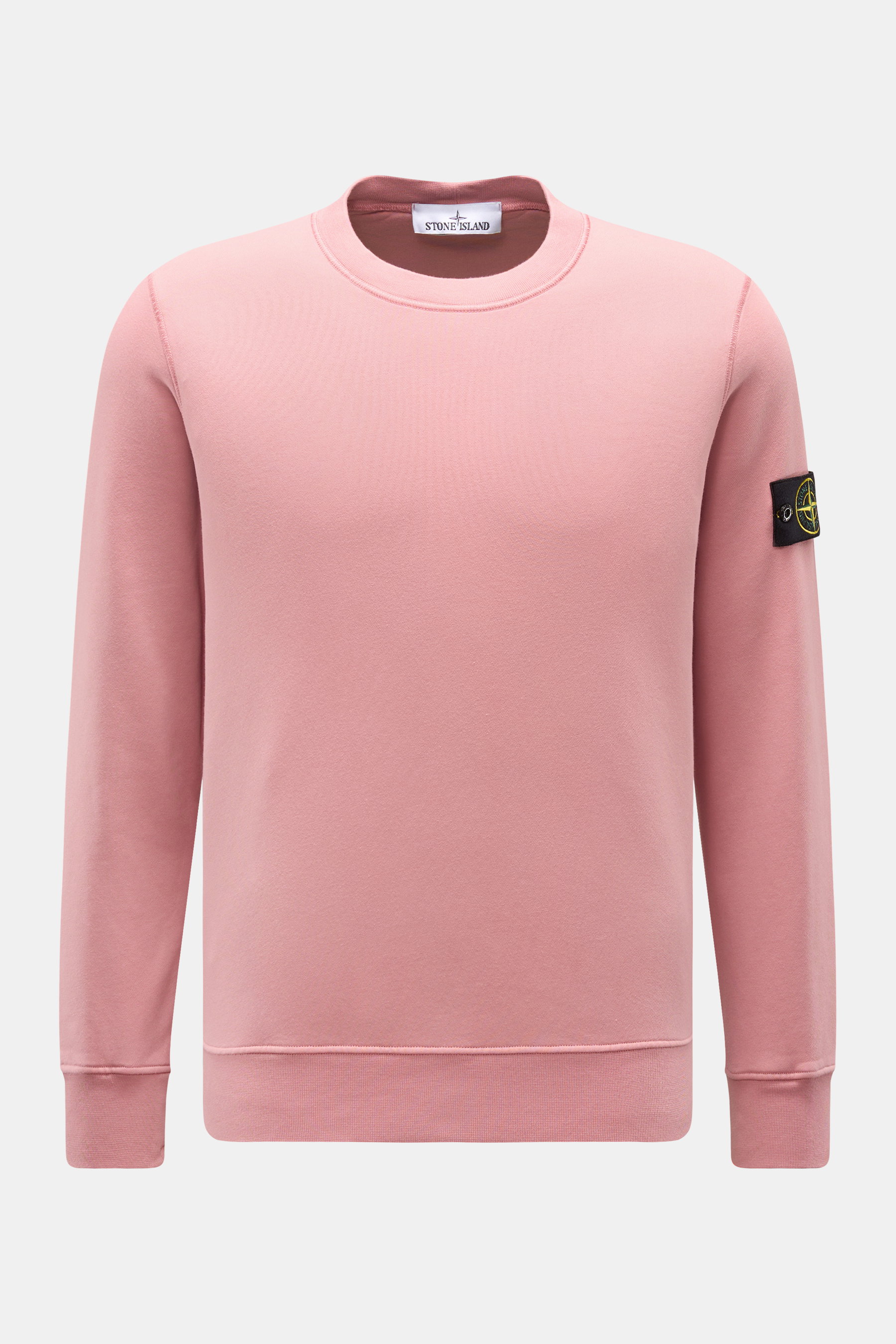 Stone Island Rundhals-Sweatshirt 'Basic Sweat' rosé, frontale Ansicht, reiner Baumwolle, weicher Griff, Regular Fit, Rundhalsausschnitt, Kompass-Badge am Oberarm, Rippbündchen.