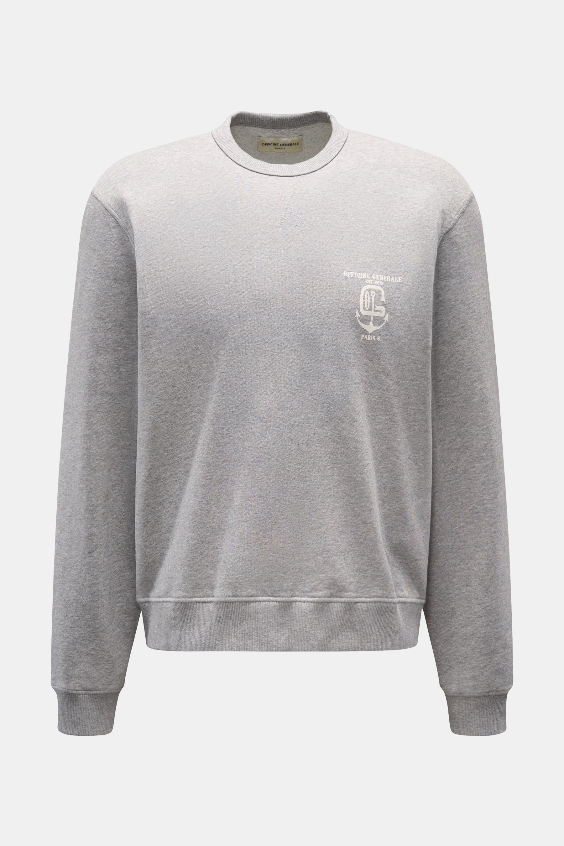 Frontansicht des Officine Générale Sweatshirt 'Darius' grau meliert, Regular Fit, Rundhalsausschnitt, reine Baumwolle mit weichem Griff, angeraute Innenseite, komfortable Rippbündchen, minimalem Logo auf der Brust.