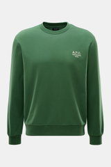 A.P.C. Rundhals-Sweatshirt 'Standard Rue Madame' dunkelgrün, frontale Nahaufnahme, Baumwoll-Sweat, Regular Fit, Logo-Stitching, Rippbündchen, weicher Griff.