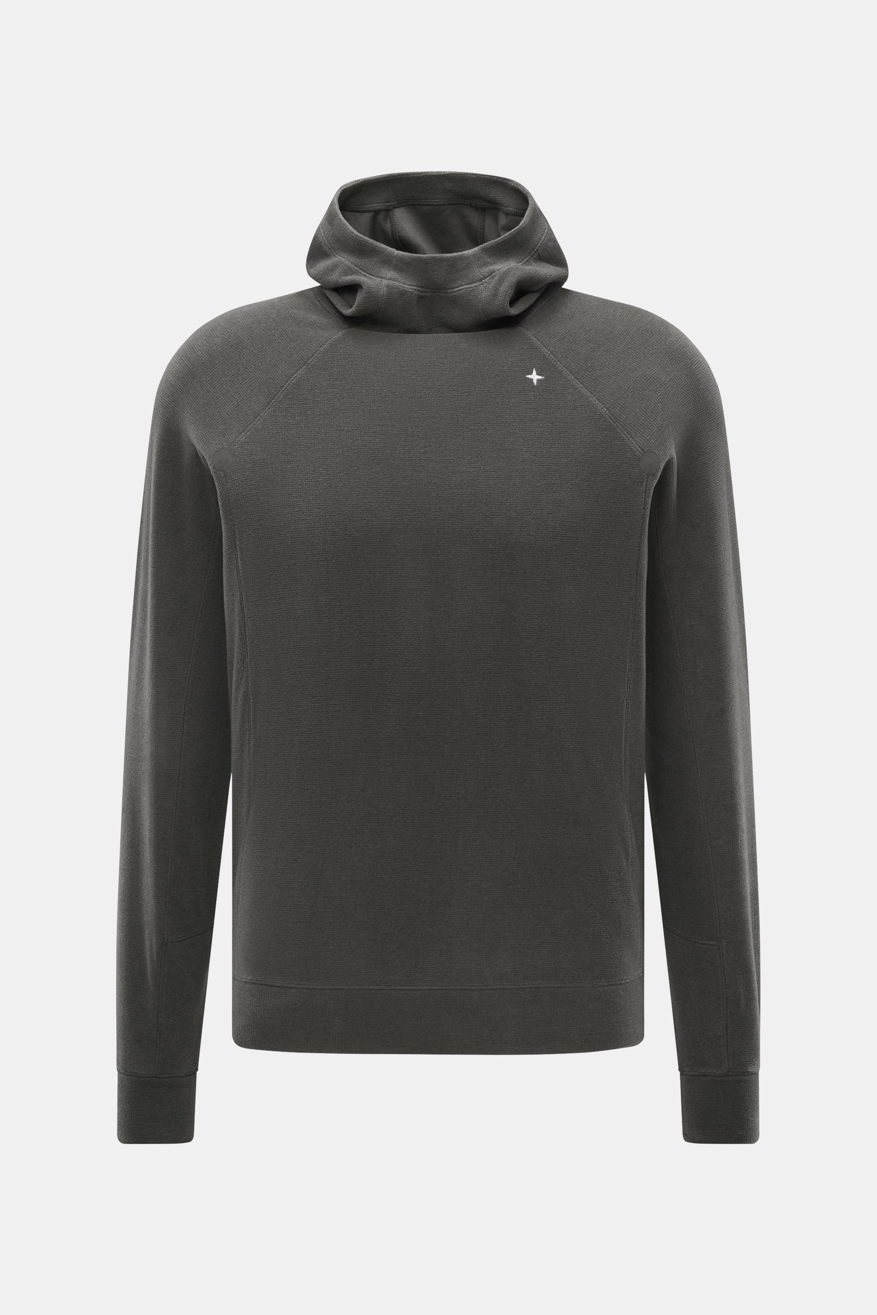 Stone Island Fleece-Kapuzenpullover 'Stellina' dunkelgrau, Frontansicht, Regular Fit, Kapuze, Raglanärmel, Fleece aus Microfaser und Schurwolle, weicher Griff, dezentes Stellina-Stitching, markante Naht mit reflektierenden Details, elastische Bündchen.