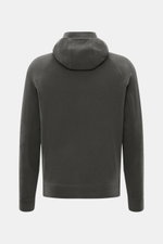 Stone Island Fleece-Kapuzenpullover 'Stellina' dunkelgrau von hinten fotografiert, mit Kapuze, Raglanärmeln, elastischen Bündchen, weichem Griff und reflektierenden Nähten.