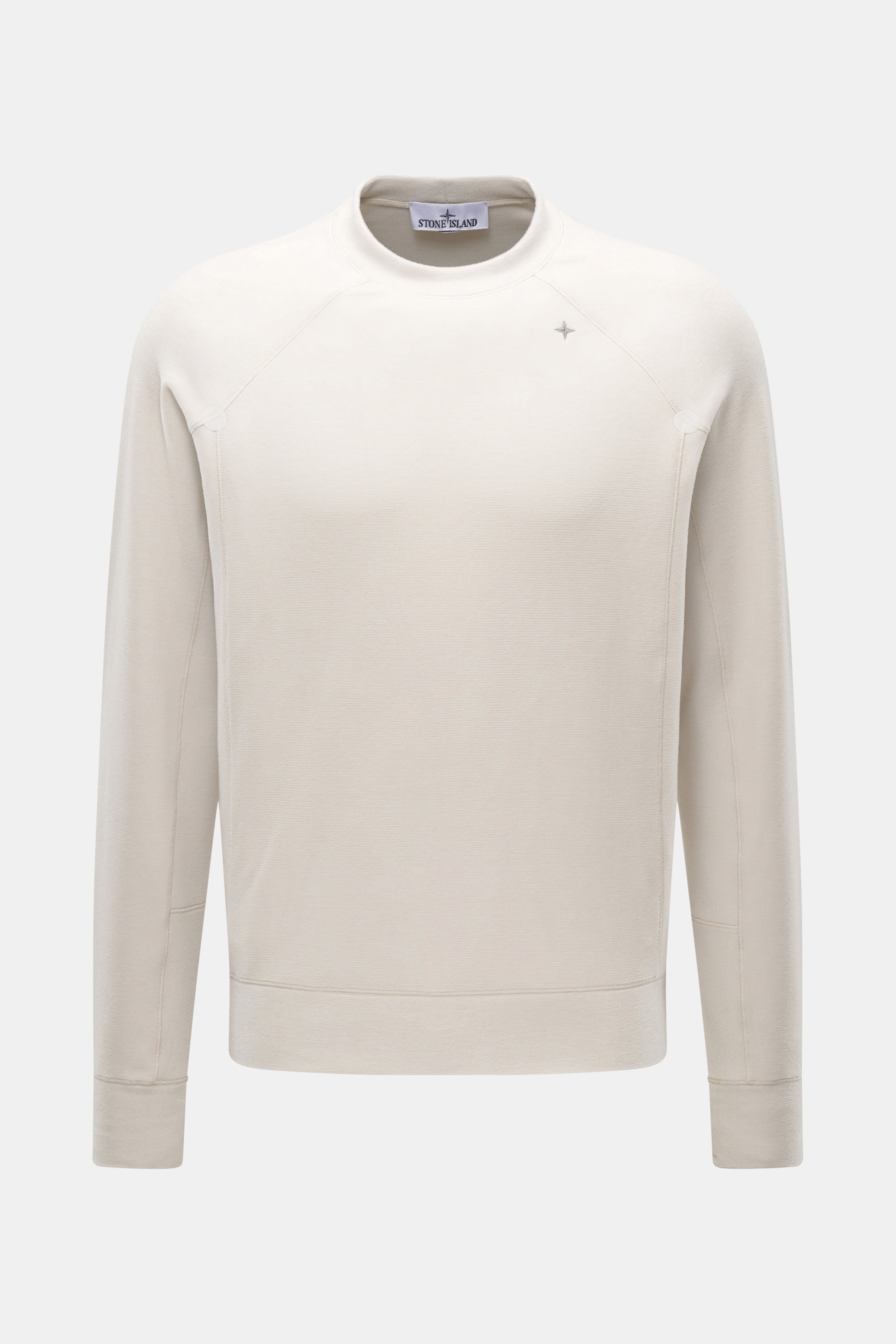Stone Island Fleece-Sweatshirt 'Stellina' creme, Frontansicht, Regular Fit mit Raglanärmeln, Rundhalsausschnitt, reflektierende Naht, weicher Griff, elastische Bündchen, Mikrofasern und Schurwolle.