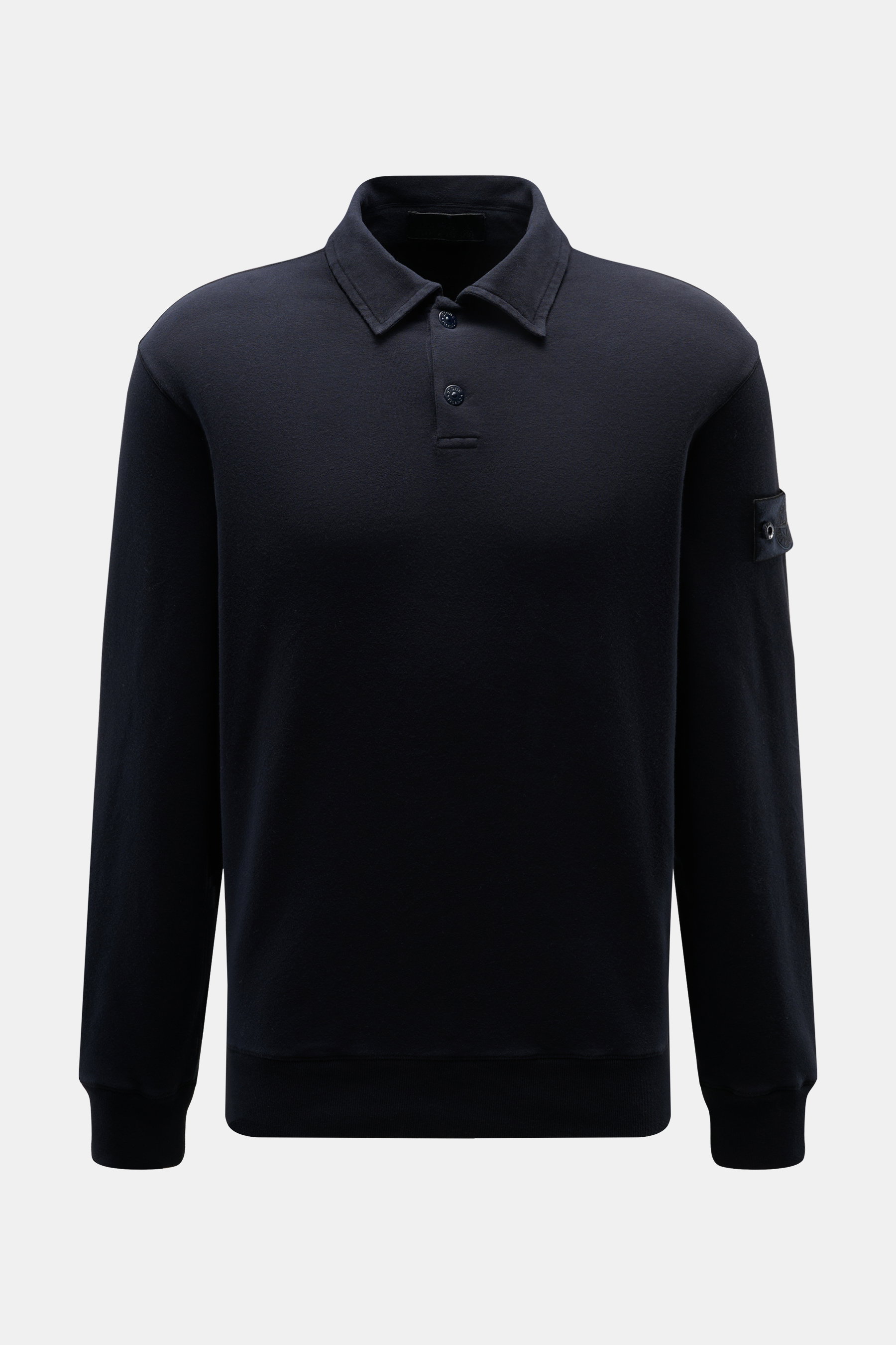 Stone Island Longsleeve Sweat-Poloshirt 'Ghost Piece' navy, frontale Nahaufnahme, weicher Baumwollsweat, Regular Fit, Polokragen, Patch am Oberarm.