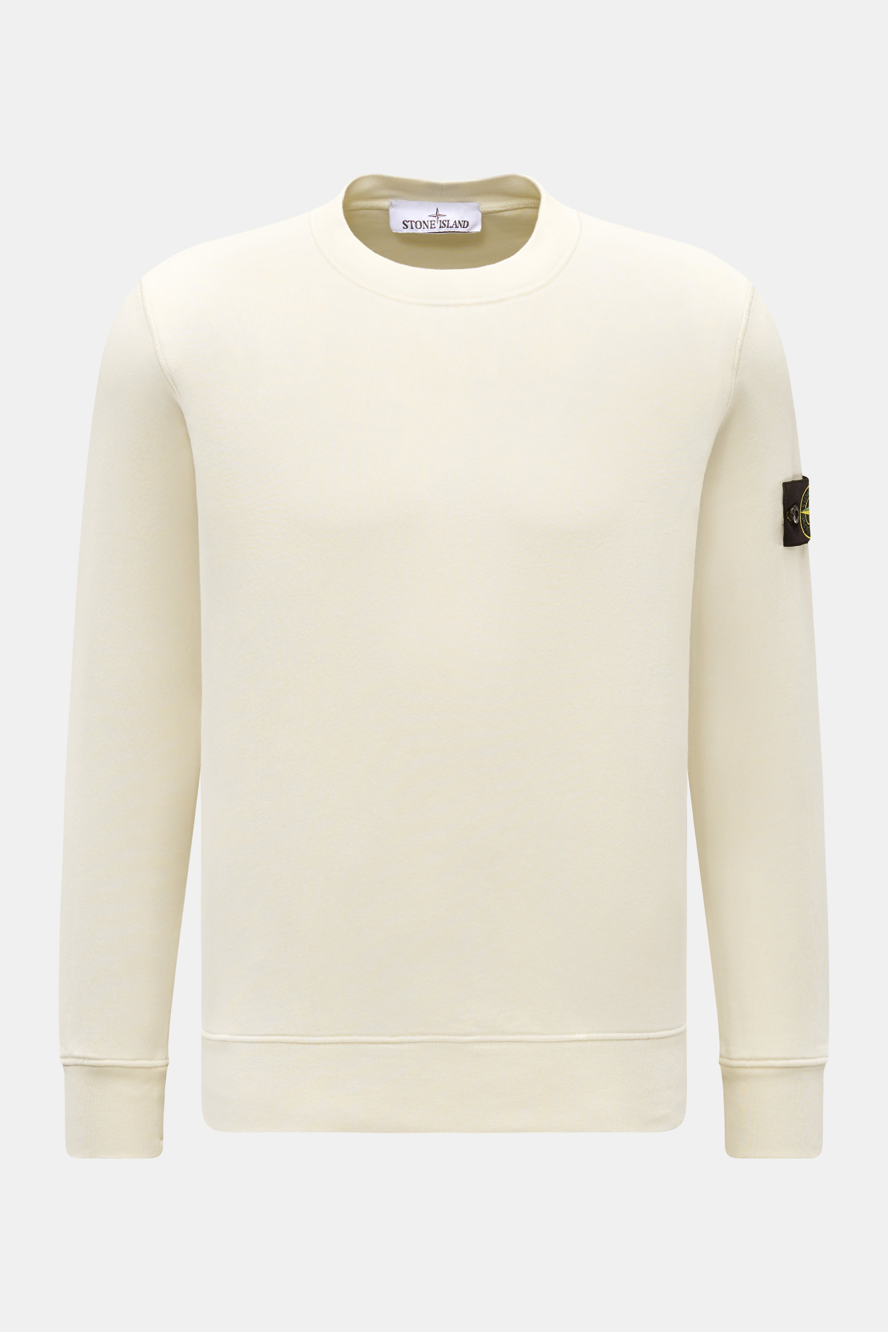 Stone Island Rundhals-Sweatshirt 'Basic Sweat' creme, frontale Nahaufnahme, reiner Baumwolle, weicher Griff, Regular Fit, Kompass-Badge am Ärmel, Rippbündchen.