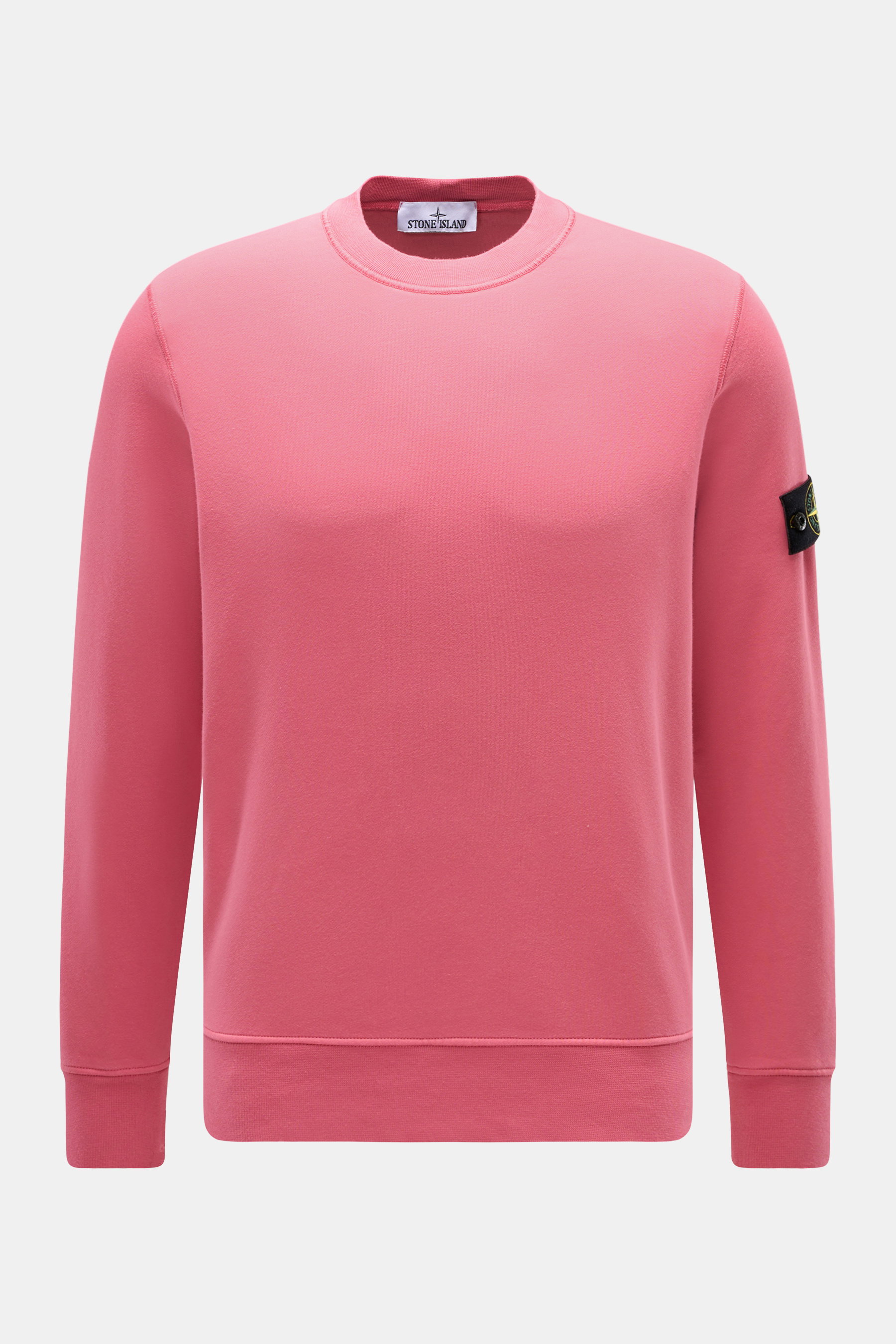 Stone Island Crewneck Sweatshirt 'Basic Sweat' magenta shown from front, pure cotton, soft touch, regular fit, crew neckline, compass badge, ribbed cuffs.