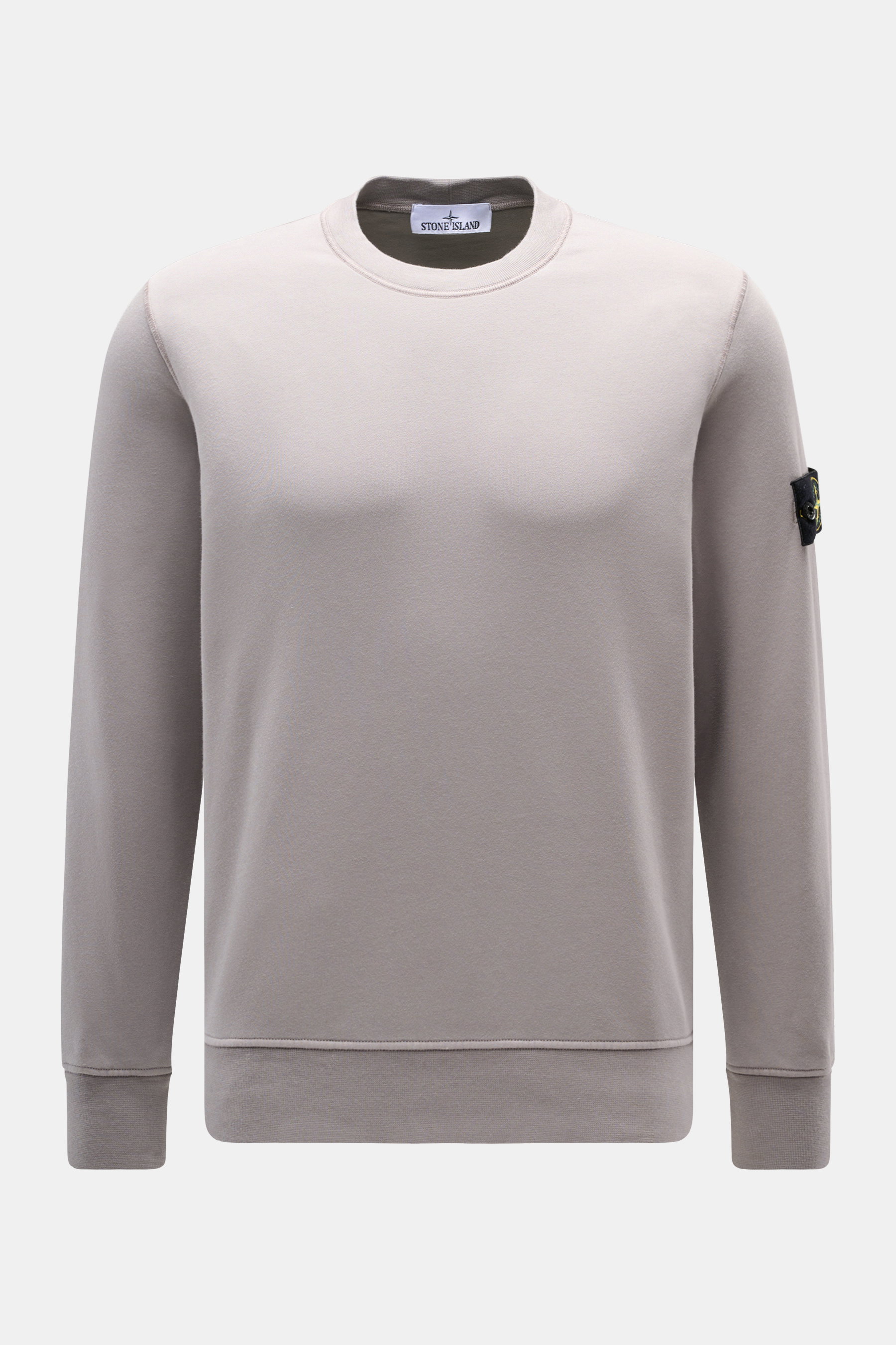Stone Island Crewneck Sweatshirt 'Basic Sweat' grey shown from front, pure cotton, soft touch, regular fit, crew neckline, compass badge on upper arm, ribbed cuffs. Timeless essential: This sporty sweatshirt by STONE ISLAND combines casual comfort with ve
