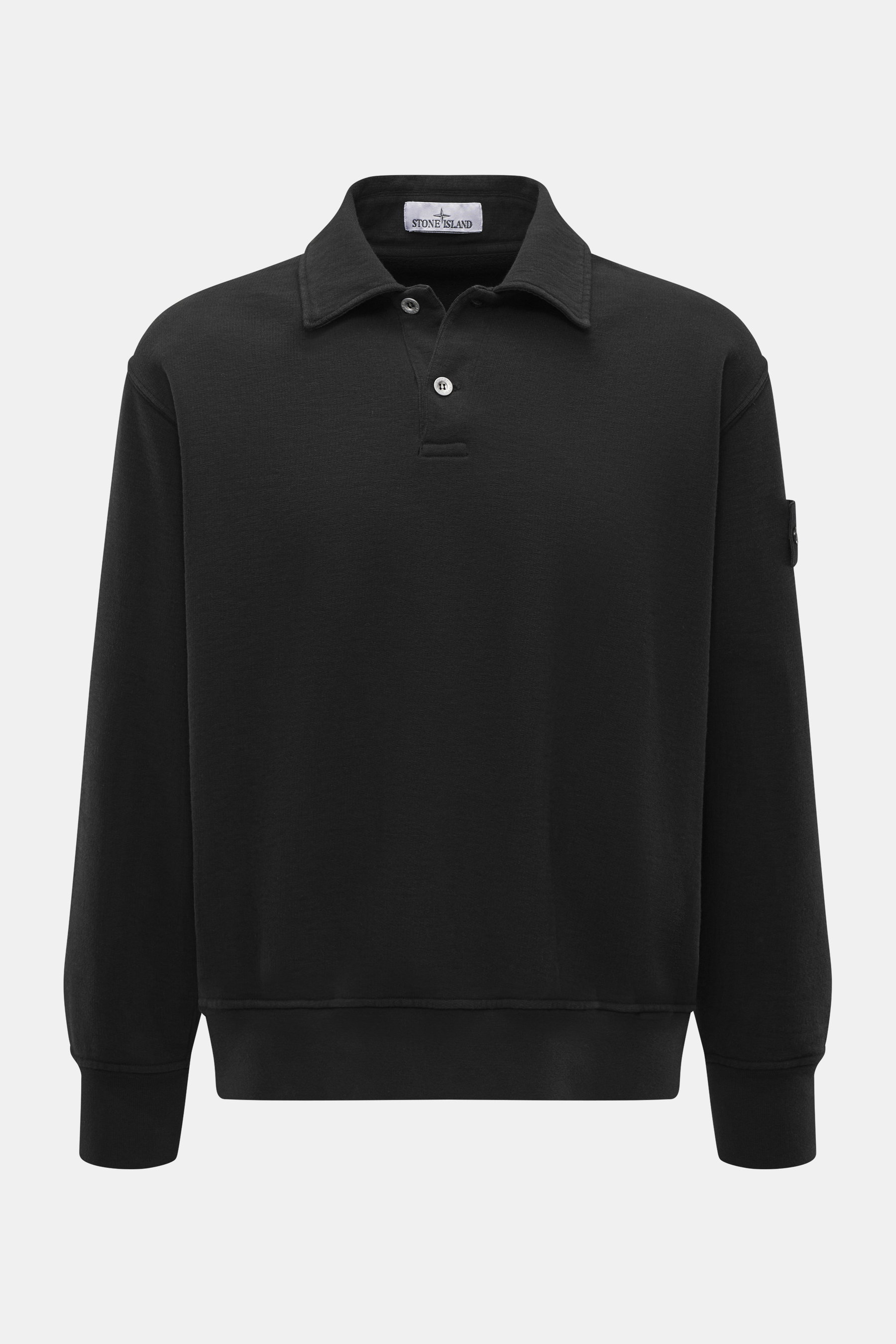 Stone Island Sweat Longsleeve-Poloshirt schwarz, frontale Nahaufnahme, Baumwolle, leicht griffig, Regular Fit, Polokragen, Zwei-Knopf-Leiste, Kompass-Badge, flexible Rippbündchen.