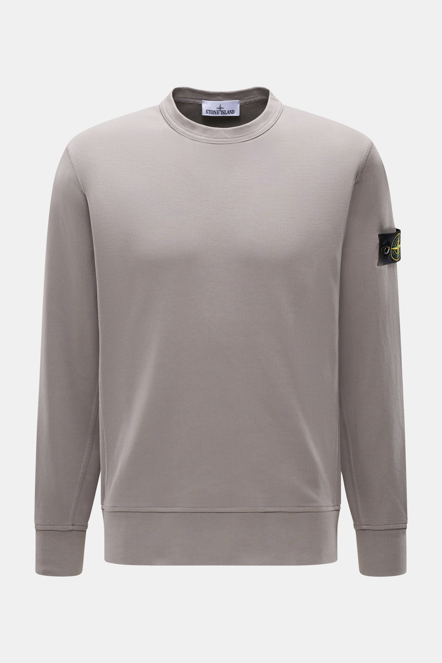Front view of Stone Island R-Neck Longsleeve grey, a slim fit long sleeve with fine ribbed knit pure cotton, soft touch, round neckline, flexible cuffs, and compass badge.