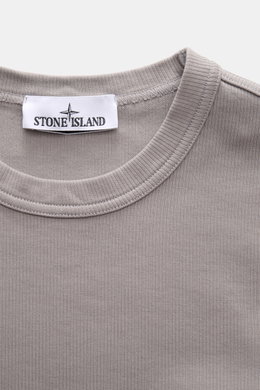 Close-up front view of Stone Island R-Neck Longsleeve grey showing fine ribbed knit, round neckline, and Stone Island label inside collar.