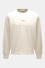 Front view of Stone Island Sweatshirt 'Print' cream in soft pure cotton, regular fit with crew neckline, raglan sleeves, ribbed cuffs, and Stone Island logo on front. Casual comfort meets iconic design with distinctive compass print and high-quality fabri