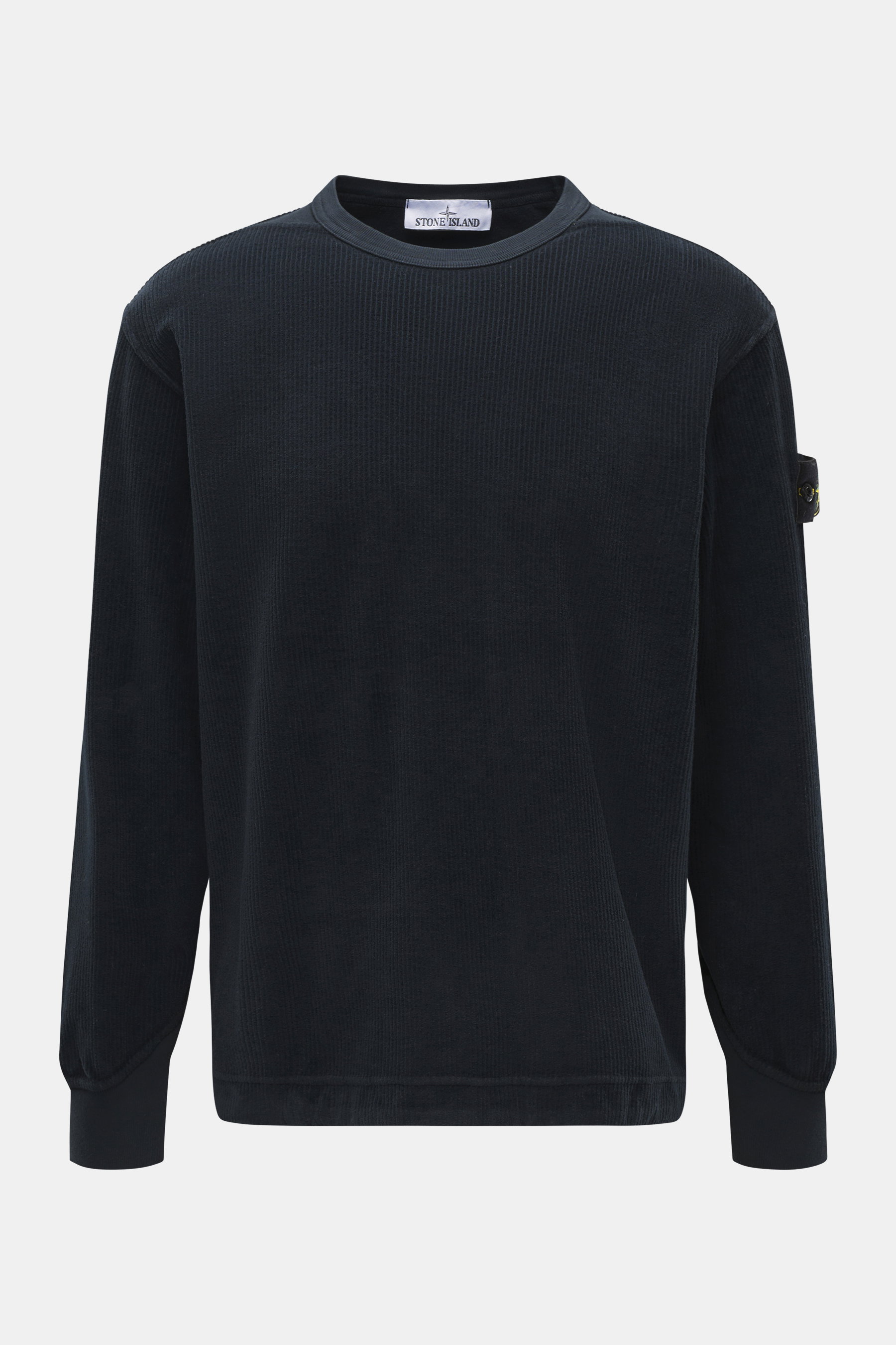 Front view of Stone Island Corduroy Sweatshirt navy in pure cotton with crew neckline, ribbed cuffs, compass badge on sleeve, and regular fit.

Additional description:  
<p>This sweatshirt from STONE ISLAND is made from pure cotton corduroy, giving it a s
