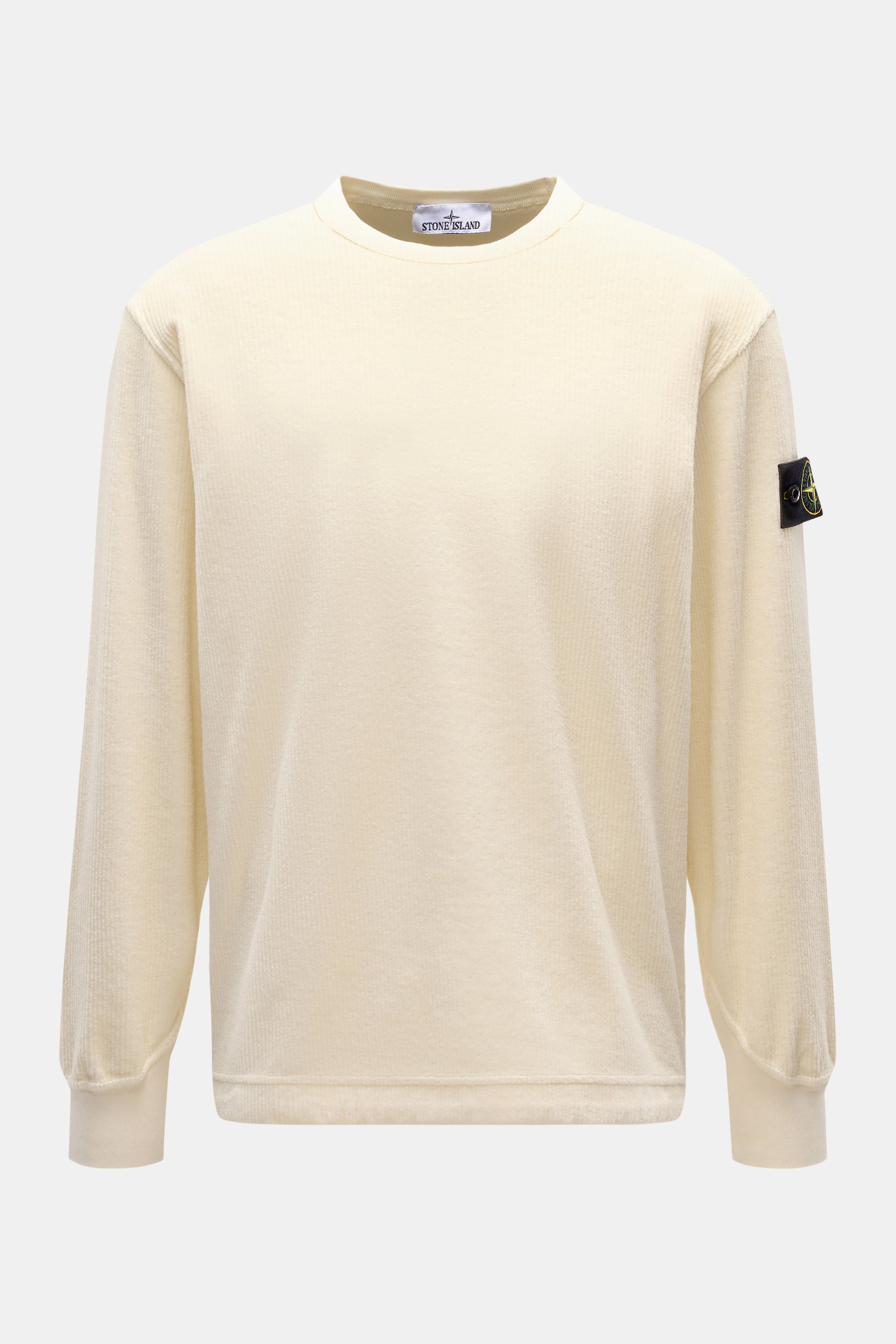 Front view of Stone Island Corduroy Sweatshirt cream in soft pure cotton corduroy with crew neckline, ribbed cuffs, and compass badge on sleeve.

Description:  
<p>This sweatshirt from STONE ISLAND is made from pure cotton corduroy, giving it a special tw