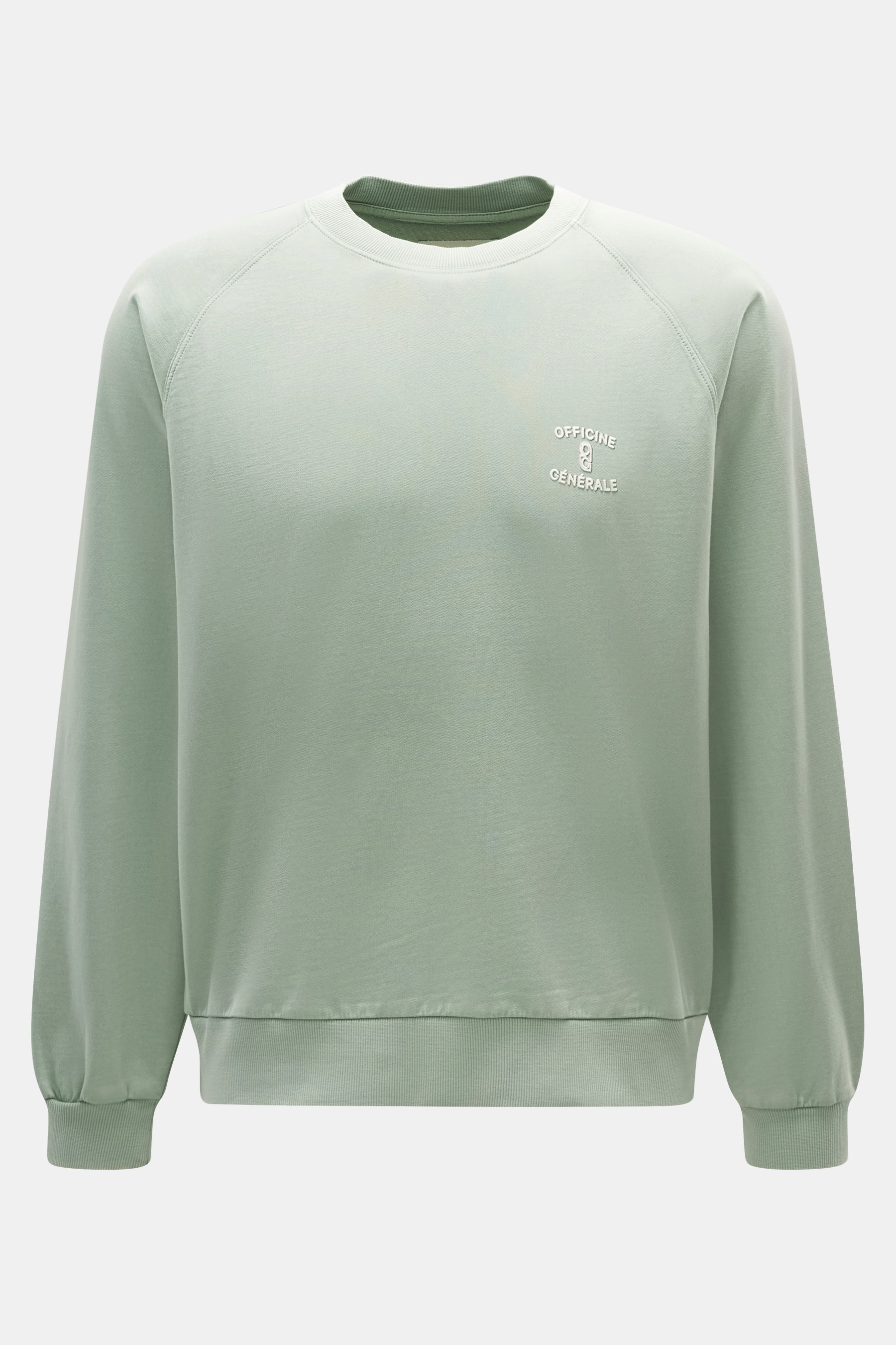 Officine Générale Sweatshirt 'Presnel' mintgrün, frontal fotografiert, Sweat aus reiner Baumwolle, weicher Griff, garment dyed, Overlock-Nähte, Regular Fit, Rundhalsausschnitt, geflockter Logo-Print, Raglanärmel, Rippbündchen.