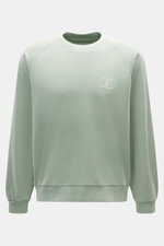 Officine Générale Sweatshirt 'Presnel' mintgrün, frontal fotografiert, Sweat aus reiner Baumwolle, weicher Griff, garment dyed, Overlock-Nähte, Regular Fit, Rundhalsausschnitt, geflockter Logo-Print, Raglanärmel, Rippbündchen.