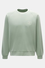 Officine Générale Sweatshirt 'Presnel' mintgrün, frontal fotografiert, Sweat aus reiner Baumwolle, weicher Griff, garment dyed, Overlock-Nähte, Regular Fit, Rundhalsausschnitt, geflockter Logo-Print, Raglanärmel, Rippbündchen.