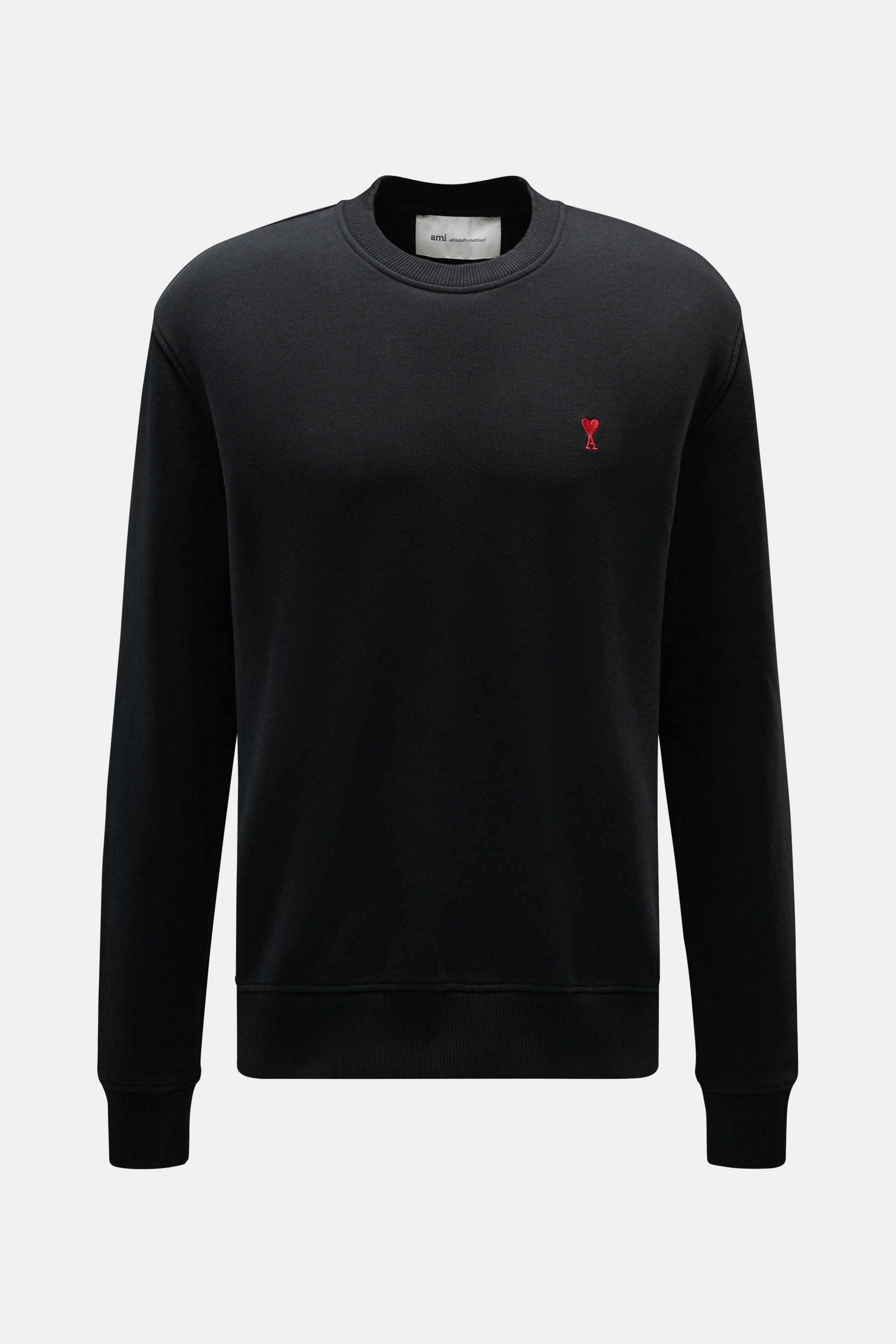 Ami Paris Rundhals-Sweatshirt schwarz, Frontansicht, Baumwolle, Regular Fit, weicher Griff, Logo-Stitching Brust, flexible Rippbündchen.