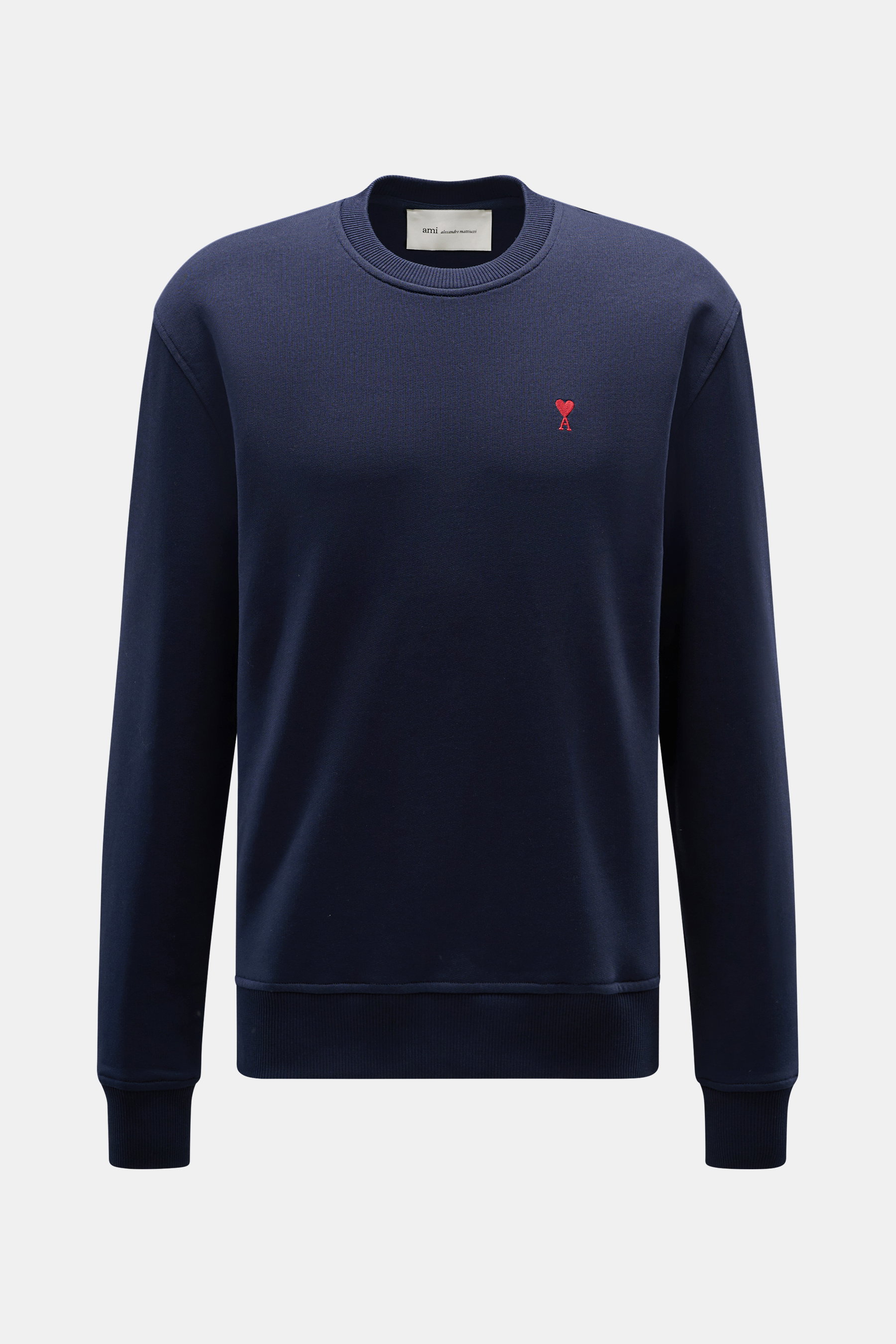 Front view of Ami Paris Crewneck Sweatshirt navy in pure cotton, regular fit with crew neckline, soft touch, logo stitching on chest, and ribbed cuffs. 

Description: <p>Comfortable basic: The AMI PARIS sweatshirt made of pure cotton is the ideal companio