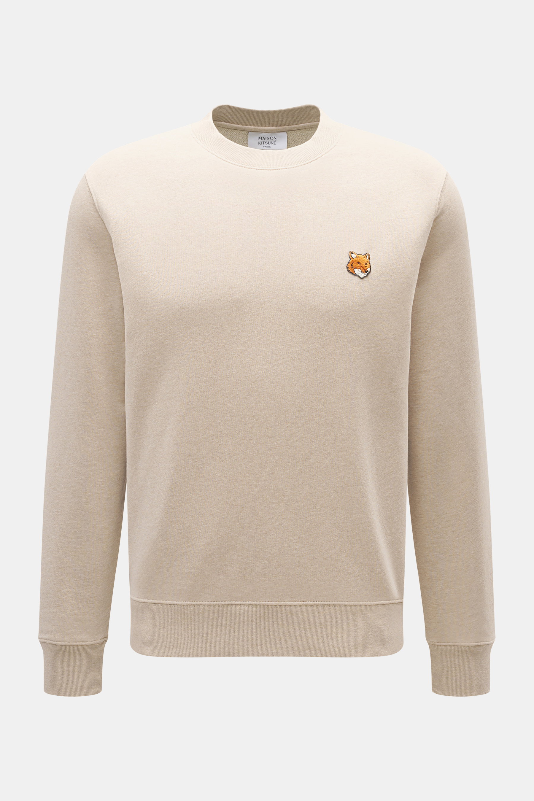 Maison Kitsuné Sweatshirt beige meliert, frontale Nahaufnahme, Rundhalsausschnitt, Slim Fit, reiner Baumwoll-Sweat, weicher Griff, typisches Fuchs-Patch auf der Brust.