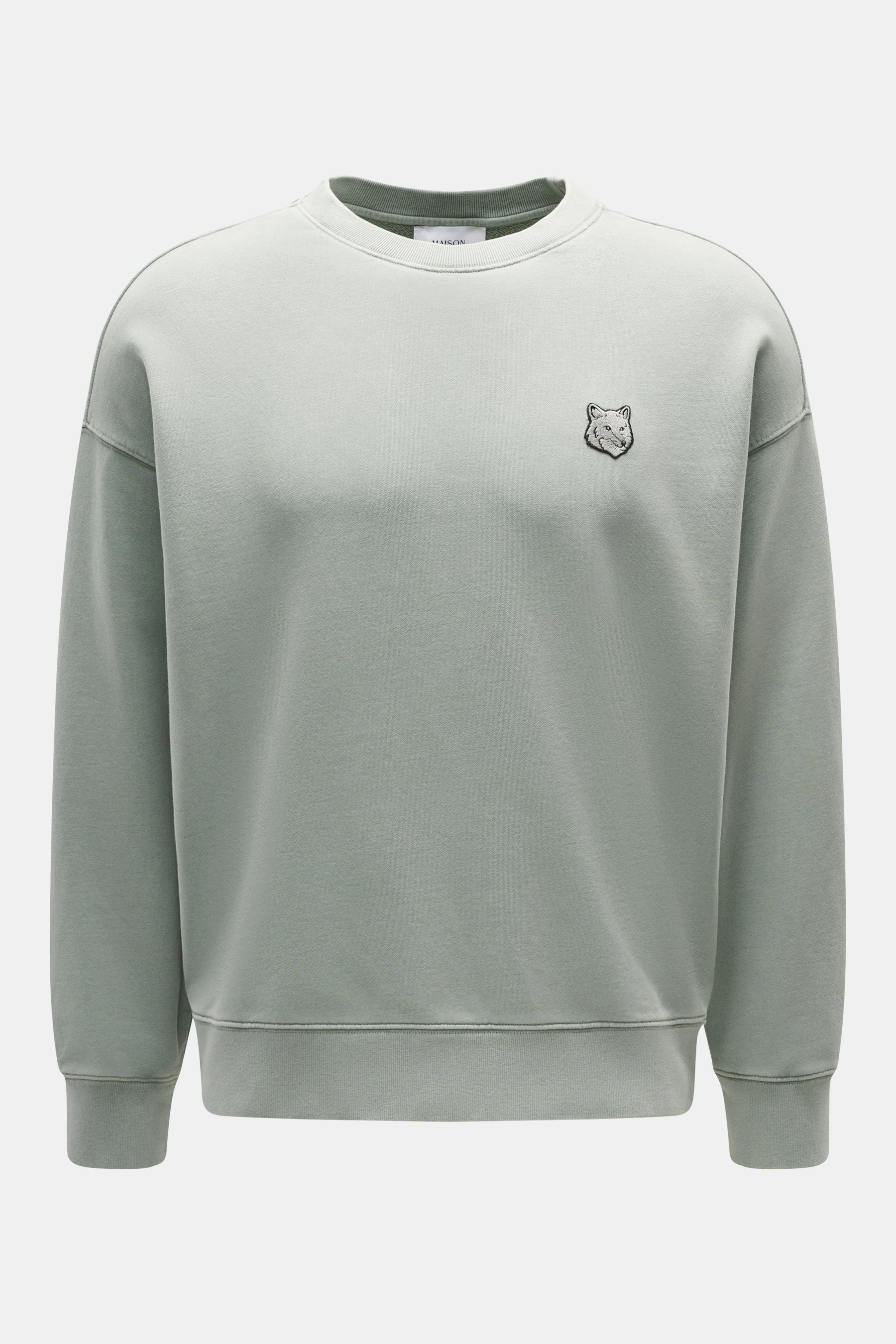 Maison Kitsuné Sweatshirt mintgrün, frontale Nahaufnahme, Oversized Fit, Rundhalsausschnitt, weicher Baumwoll-Sweat mit typischem Fuchs-Patch auf der Brust.