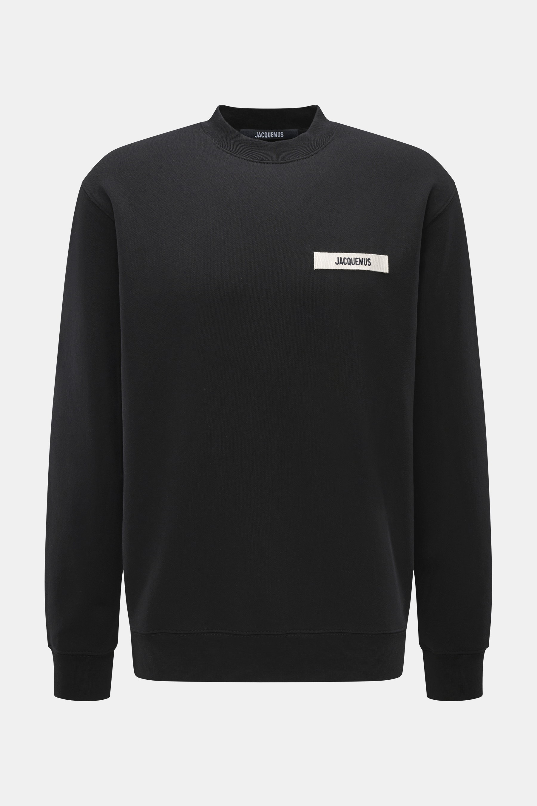 Jacquemus Sweatshirt 'Gros Grain' schwarz, Frontansicht, Sweat aus reiner Baumwolle, schwere Qualität, softe Innenseite, markante Overlock-Nähte, Regular Fit, Rundhalsausschnitt, Grosgrain mit Logo-Stitching, komfortable Rippbündchen.