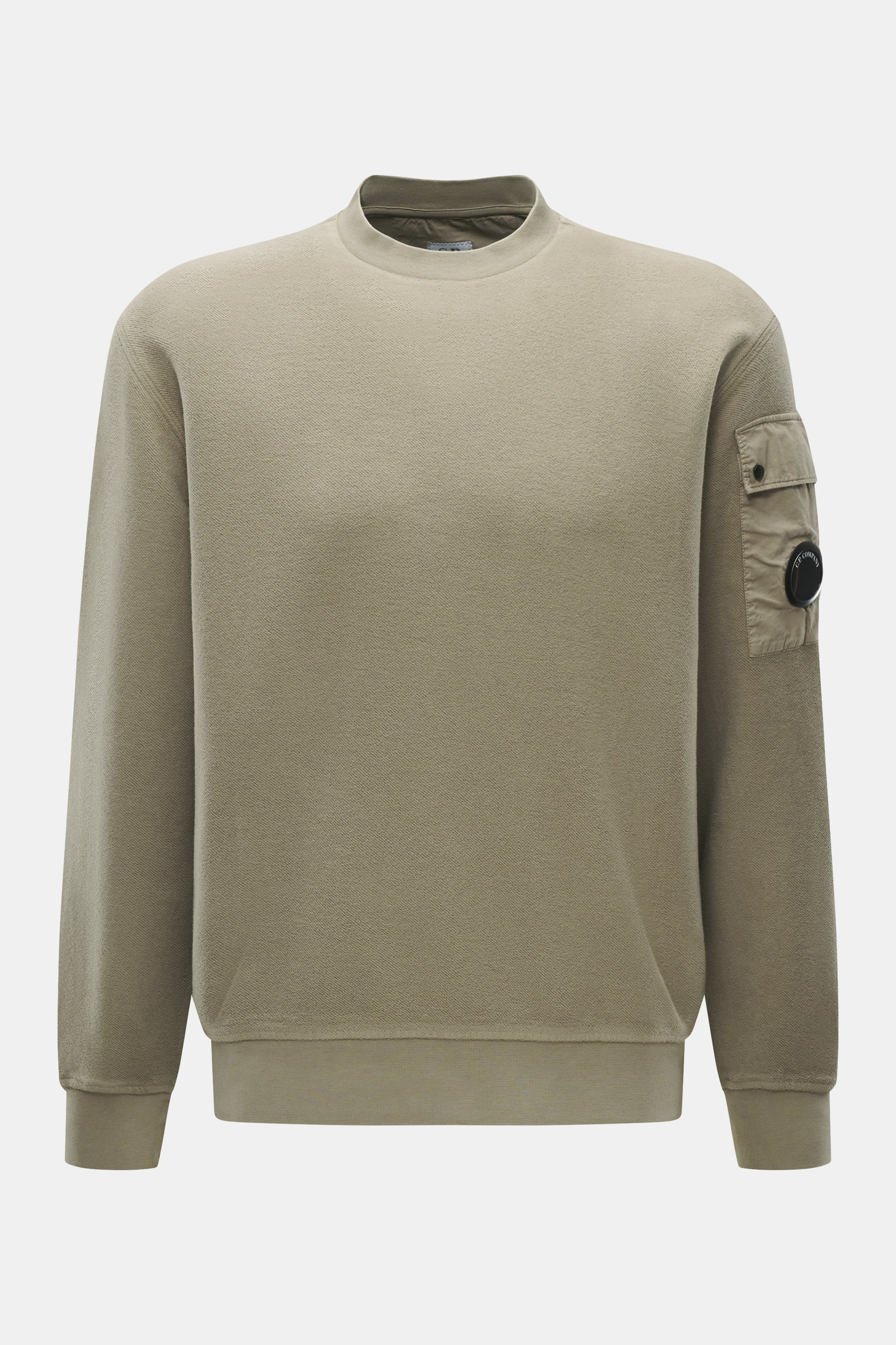 Front view of C.P. Company Sweatshirt sage in pure cotton with inside-out design, crew neckline, upper arm pocket with lens detail.

Description: <p>Already from the first wear, you can feel the lightness of this inside-out sweatshirt made of pure cotton.