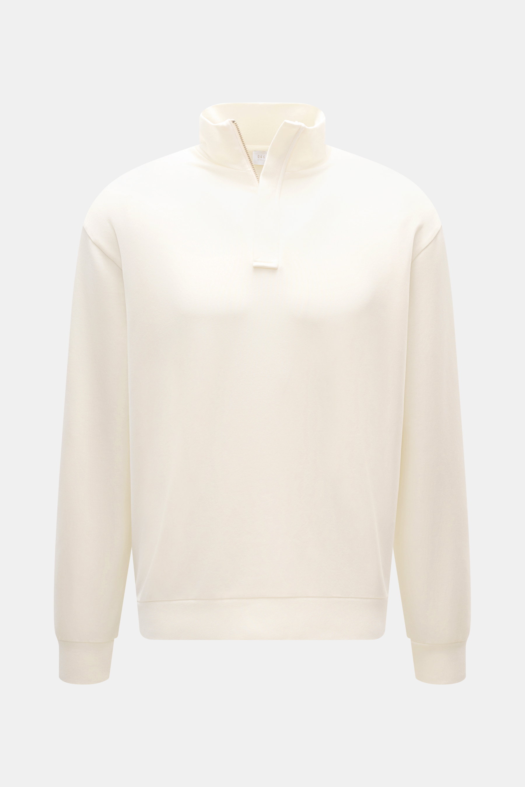 Front view of 04651/ A trip in a bag Quarter-zip sweatshirt 'IF' off-white, sweatshirt made of pure cotton with elastic quality, soft feel, garment dyed, regular fit, troyer collar with concealed zipper, small woven label, flexible ribbed cuffs, and soft 