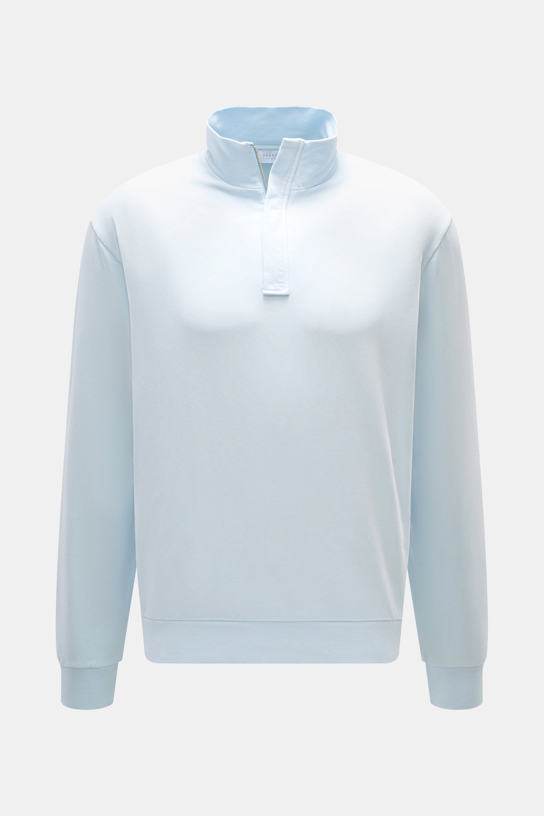 Front view of 04651/ A trip in a bag Quarter-zip sweatshirt 'IF' pastel blue, sweatshirt made of pure cotton, elastic quality, soft feel, garment dyed, regular fit, troyer collar with concealed zipper, small woven label, flexible ribbed cuffs, soft inside