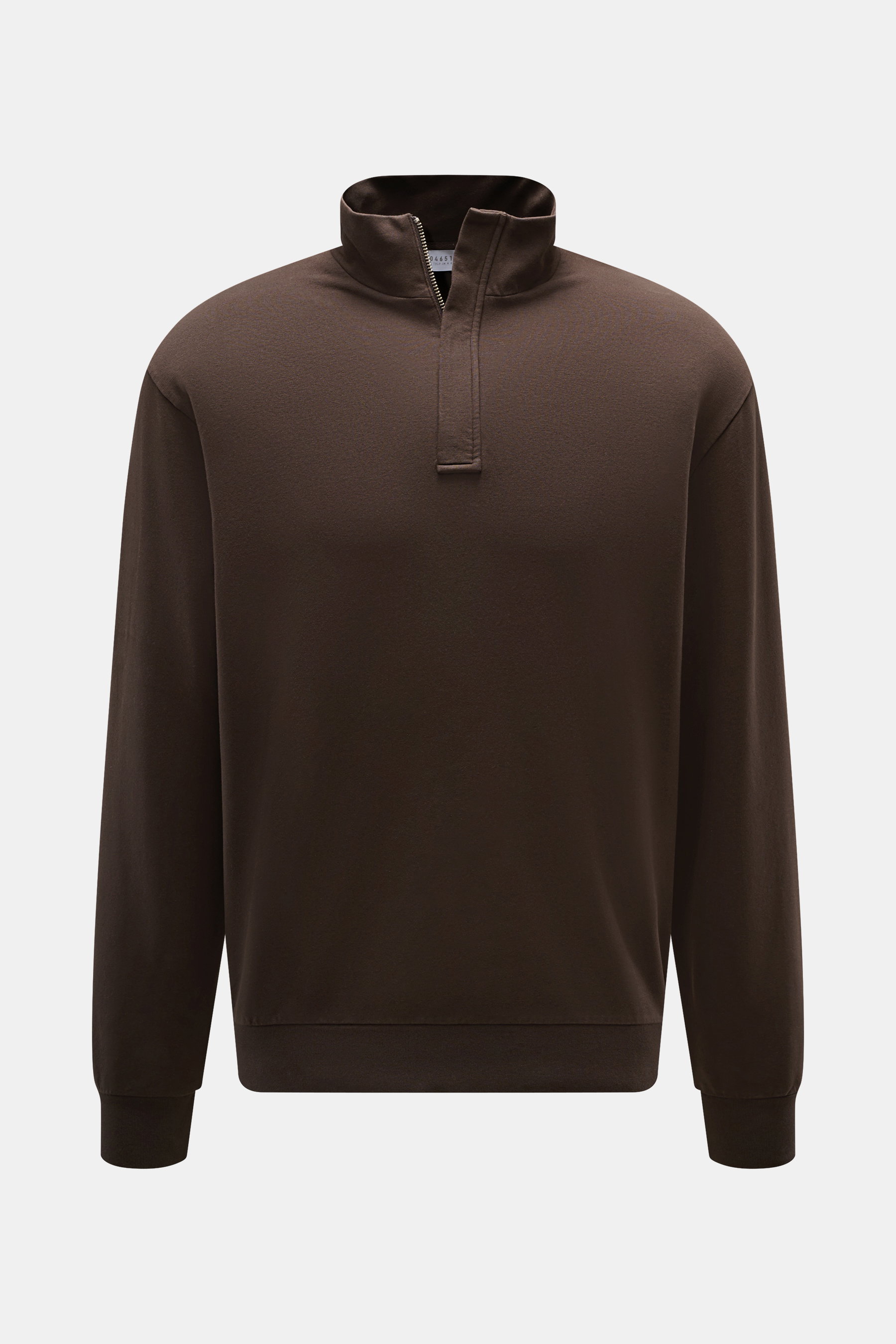 Front view of 04651/ A trip in a bag Quarter-zip sweatshirt 'IF' dark brown, made of pure cotton, elastic quality, soft feel, garment dyed, regular fit, troyer collar with concealed zipper, small woven label, flexible ribbed cuffs, soft inside.