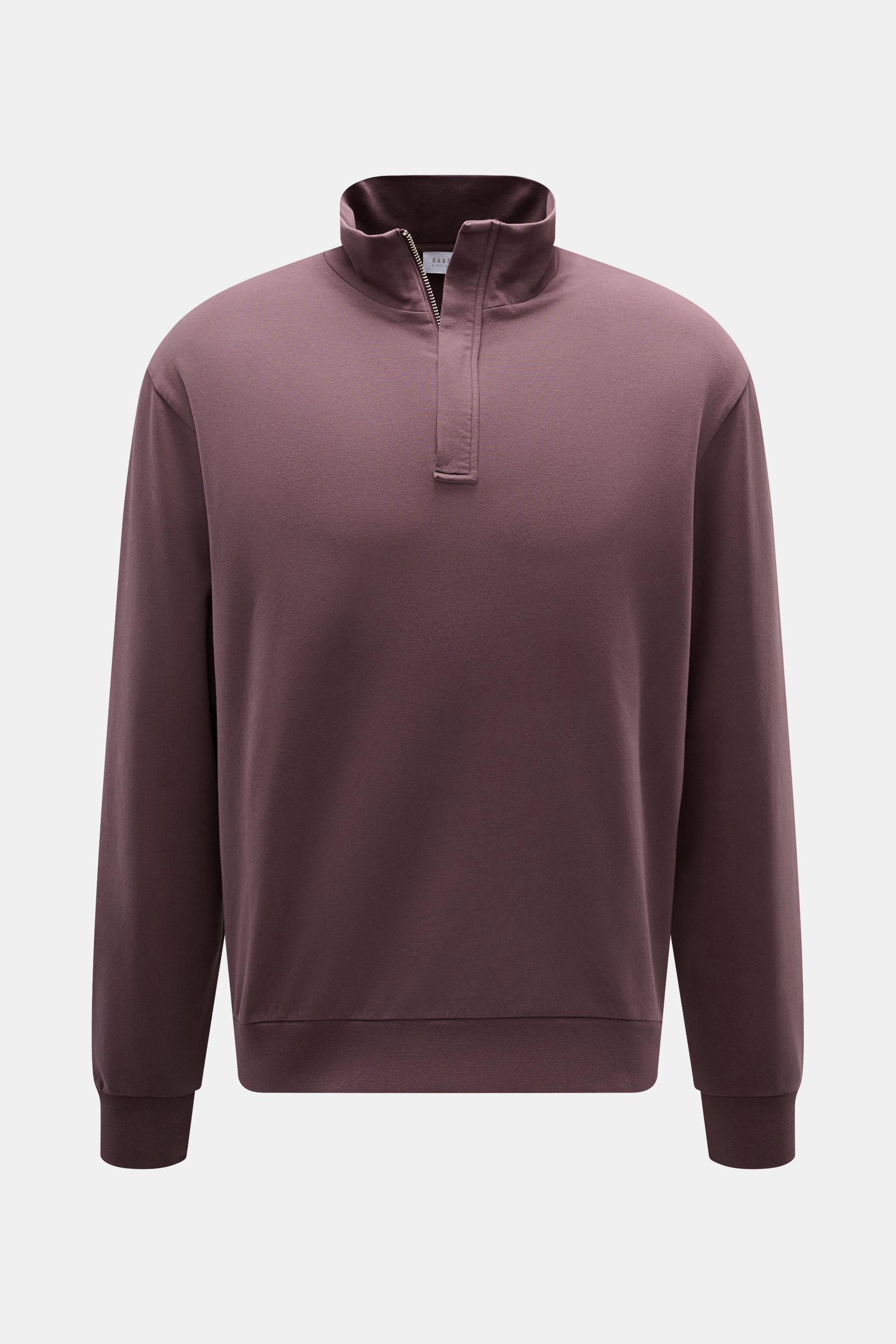 Front view of 04651/ A trip in a bag Quarter-zip sweatshirt 'IF' burgundy, sweatshirt made of pure cotton, elastic quality, soft feel, garment dyed, regular fit, troyer collar with concealed zipper, small woven label, flexible ribbed cuffs, soft inside.