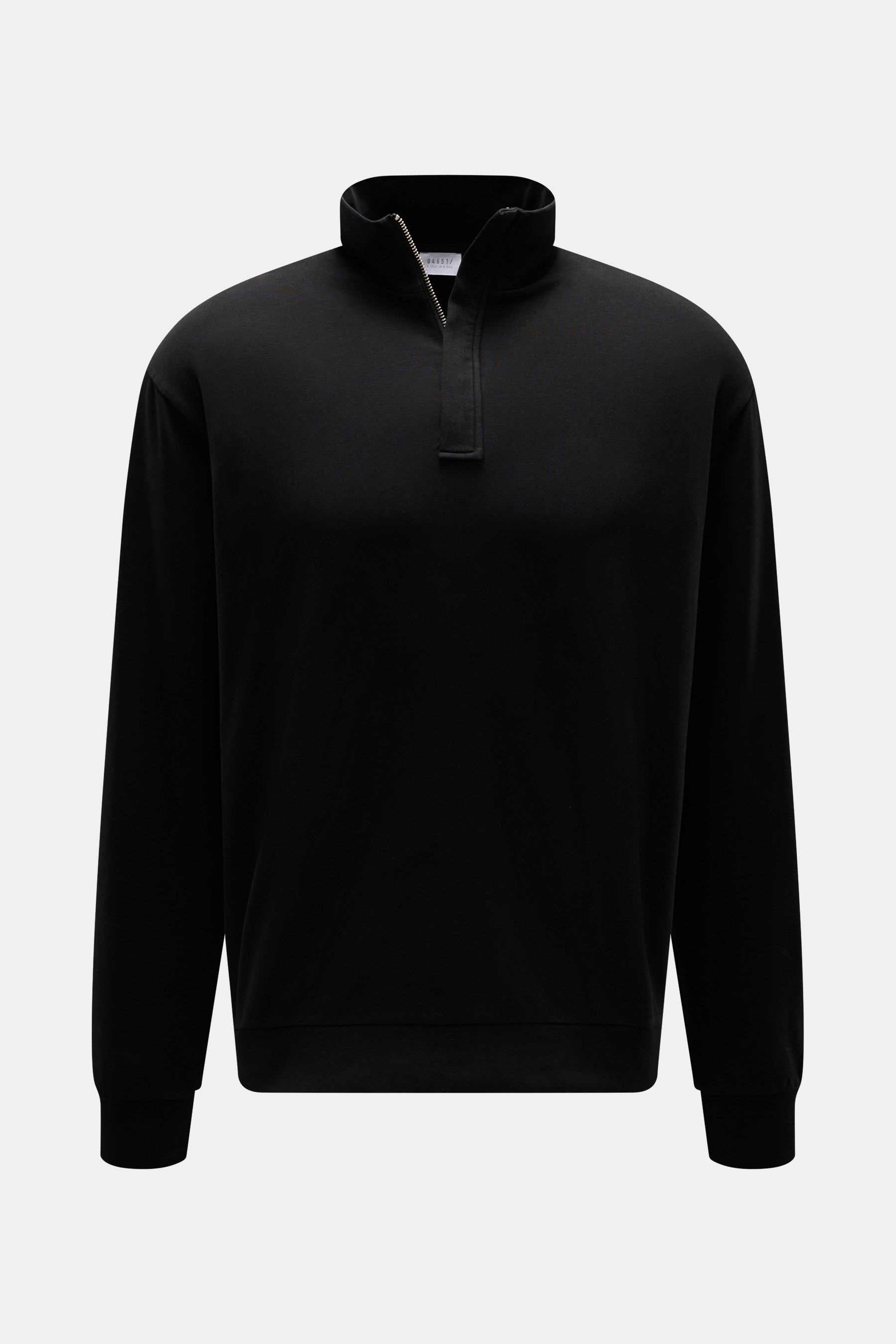 Front view of 04651/ A trip in a bag Quarter-zip sweatshirt 'IF' black, a regular fit sweatshirt made of pure cotton with elastic quality, soft feel, garment dyed, troyer collar with concealed zipper, small woven label, flexible ribbed cuffs, and soft ins