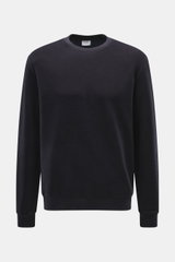04651/ A trip in a bag Rundhals-Sweatshirt dark navy, frontal fotografiert, Slim Fit, inside-Out Design, Wolle-Baumwolle-Jersey, elastische Bündchen.