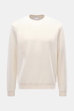 Frontale Nahaufnahme des cremefarbenen 04651/ A trip in a bag Rundhals-Sweatshirts mit Slim Fit, weichem Jersey aus Wolle und Baumwolle, innen-oben-Design und elastischen Bündchen.