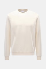 Frontale Nahaufnahme des cremefarbenen 04651/ A trip in a bag Rundhals-Sweatshirts mit Slim Fit, weichem Jersey aus Wolle und Baumwolle, innen-oben-Design und elastischen Bündchen.