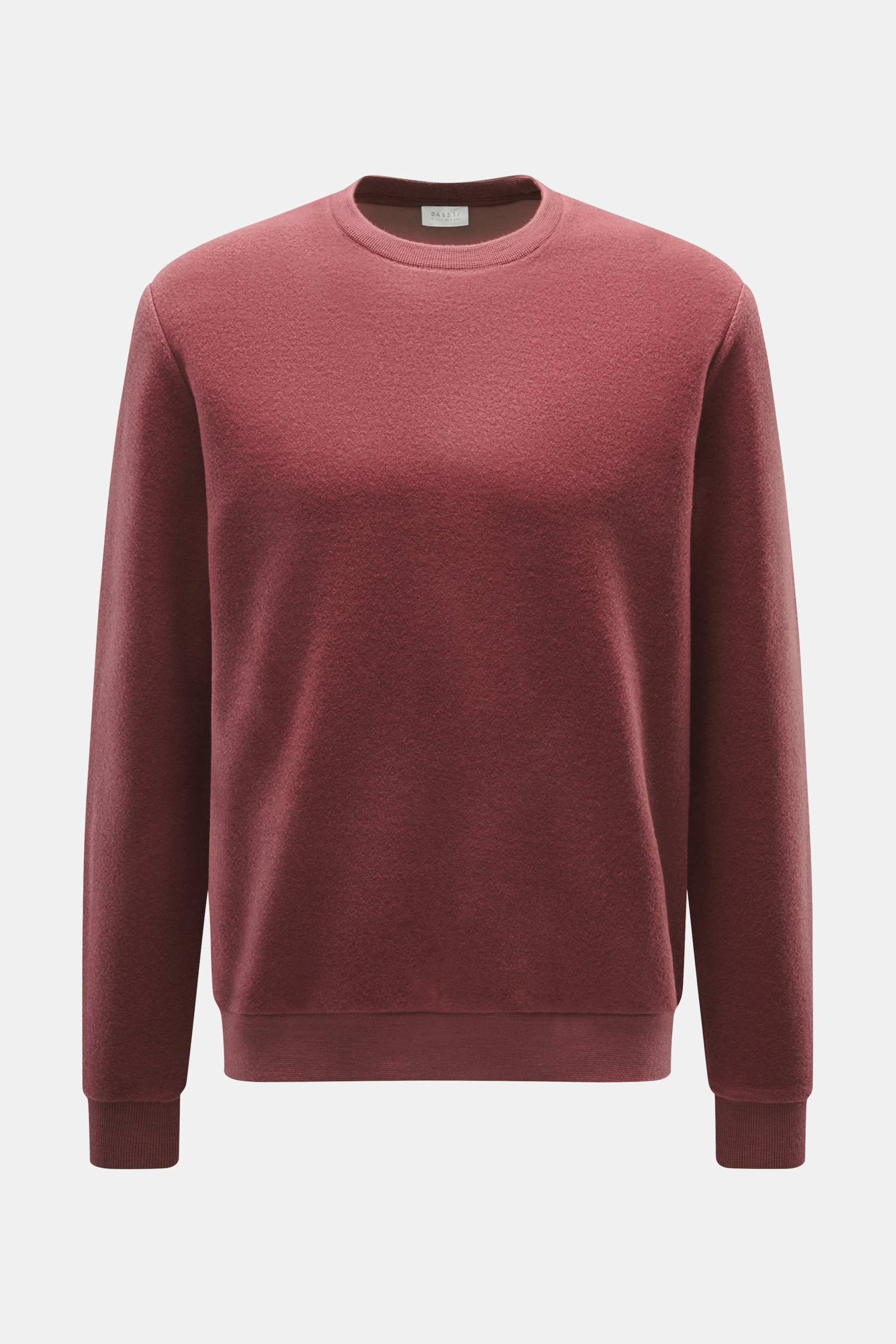 04651/ A trip in a bag Rundhals-Sweatshirt rotbraun, frontale Nahaufnahme, soft, Jersey aus Wolle/Baumwolle, Slim Fit, Rundhalsausschnitt, elastische Bündchen.