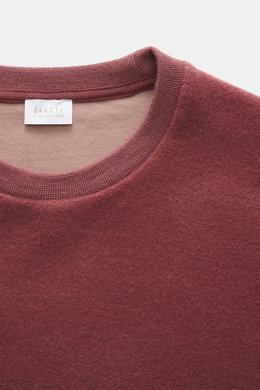Nahaufnahme des rotbraunen 04651/ A trip in a bag Rundhals-Sweatshirts, Perspektive von oben auf Rundhalsausschnitt und weiches Jersey aus Wolle und Baumwolle mit inside-Out Design, Slim Fit und elastischen Bündchen.