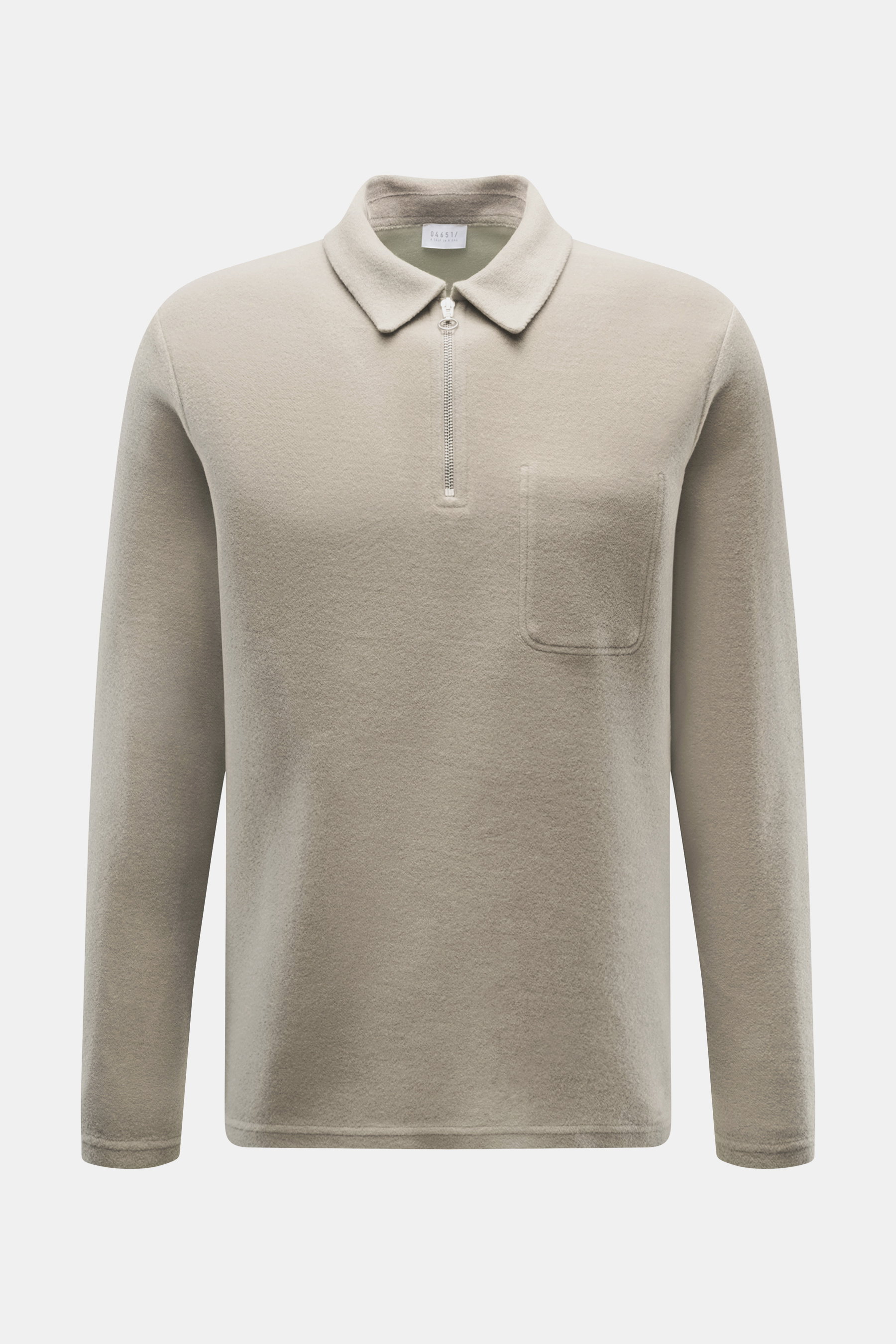 Front view of 04651/ A trip in a bag Quarter-Zip jumper 'CW Zip Polo' taupe, a regular fit, soft-feel sweatshirt with a mix of wool and cotton, classic troyer collar, internal chest pocket, and small woven label in the side seam.