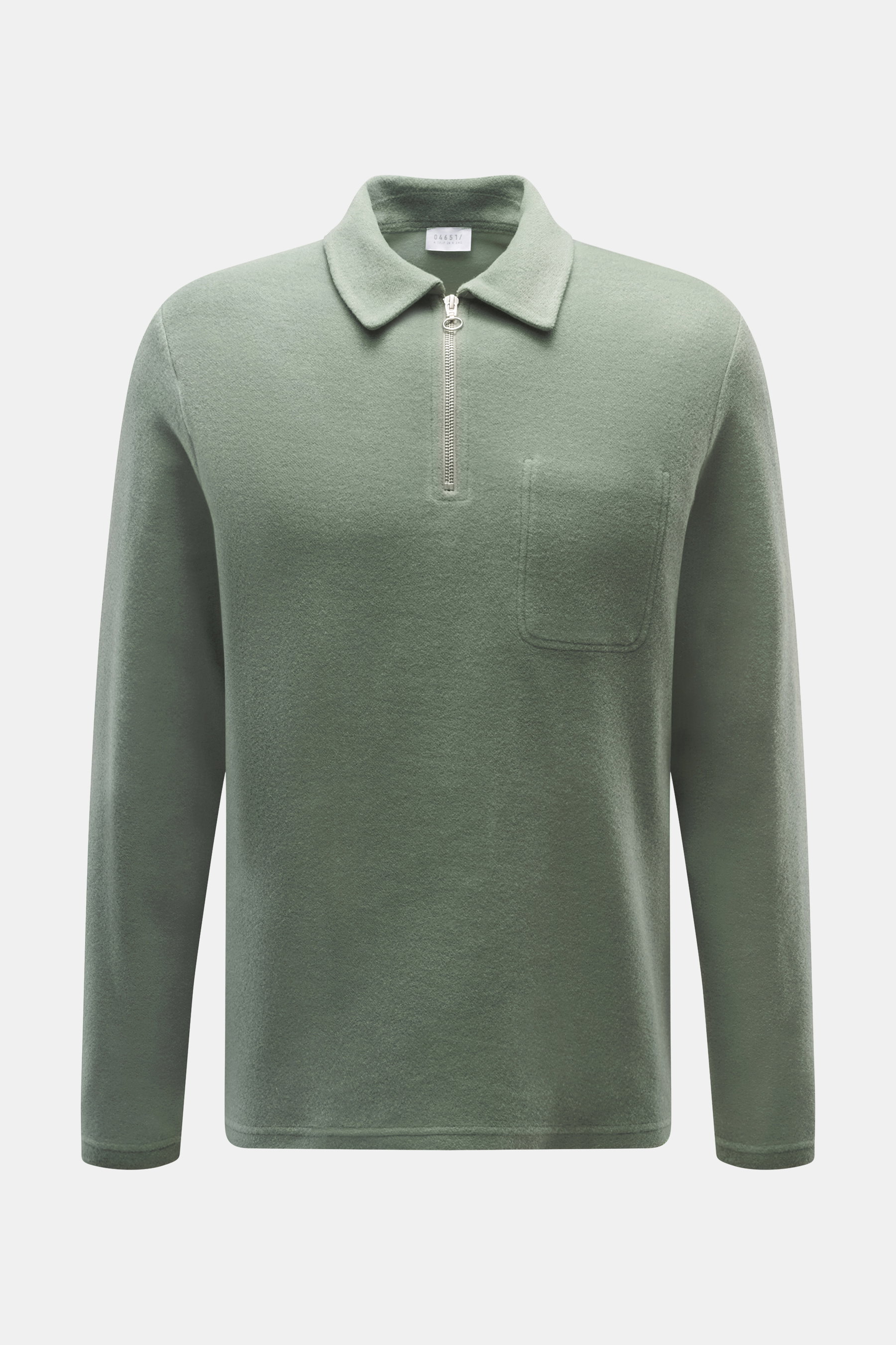 Front view of 04651/ A trip in a bag Quarter-Zip jumper 'CW Zip Polo' sage in soft mix of wool and cotton, regular fit, standup-collar with zipper, internal chest pocket, and small woven label in side seam.