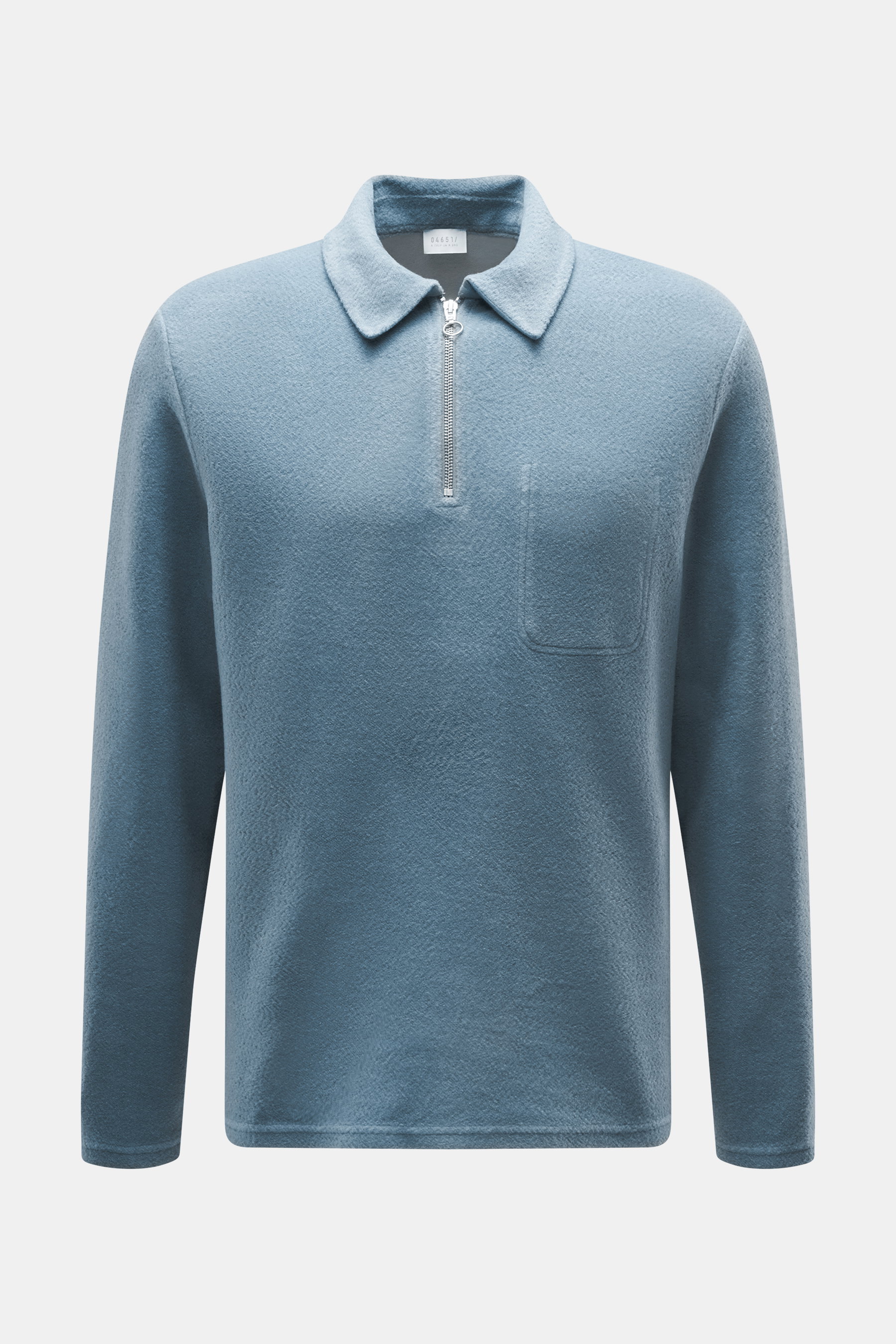 Front view of 04651/ A trip in a bag Quarter-Zip jumper 'CW Zip Polo' smoky blue, a regular fit sweatshirt with a mix of wool and cotton, soft feel, standup-collar with zipper, internal chest pocket, and small woven label in the side seam.