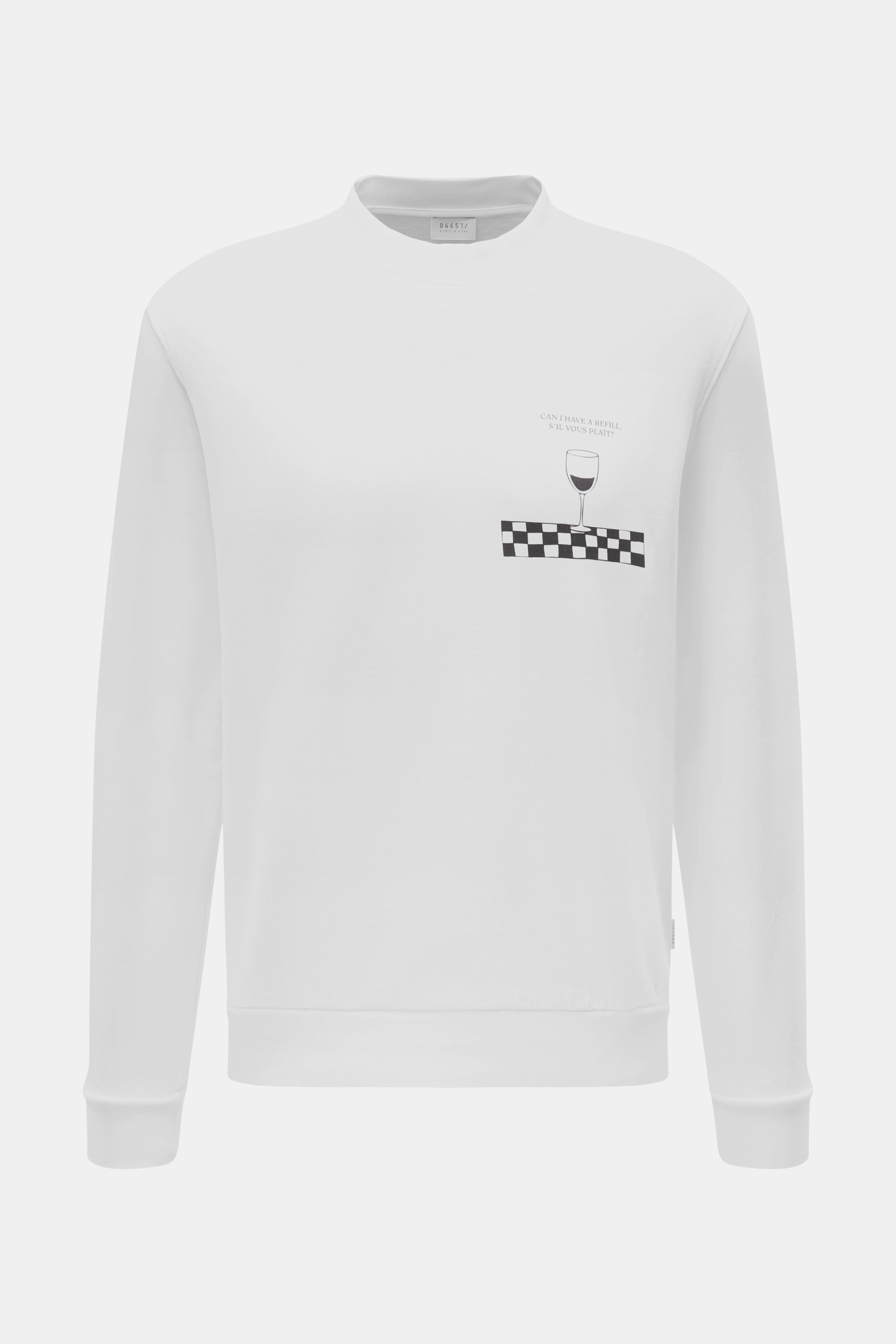 Front view of 04651/ A trip in a bag Sweatshirt 'Wine' white, slim fit with round neckline, heavy pure cotton fleece, small woven label, and bold back print.