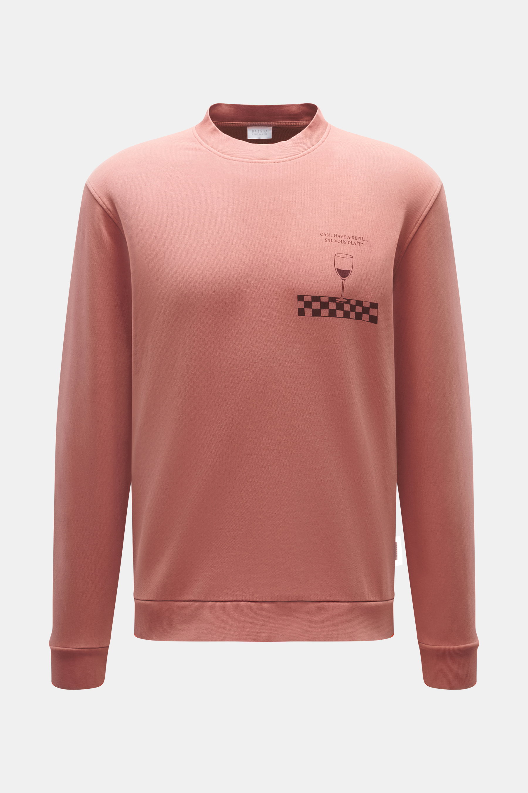 Front view of 04651/ A trip in a bag Sweatshirt 'Wine' mauve with slim fit, round neckline, small chest print, and pure cotton fleece.