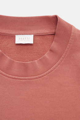 Nahaufnahme des Rundhalsausschnitts vom mauvefarbenen 04651/ A trip in a bag Sweatshirt 'Wine', robustes Baumwoll-Sweat mit Weblabel.
