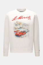Front view of MC2 Saint Barth Sweatshirt 'Soho' cream with pure cotton, soft touch, slim fit, crew neckline, distinctive vintage print, sleeve cuffs with tonal logo stitching, and comfortable ribbed cuffs.