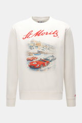 Front view of MC2 Saint Barth Sweatshirt 'Soho' cream with pure cotton, soft touch, slim fit, crew neckline, distinctive vintage print, sleeve cuffs with tonal logo stitching, and comfortable ribbed cuffs.
