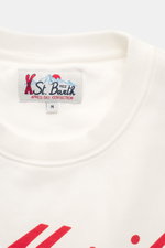 Close-up front view of MC2 Saint Barth Sweatshirt 'Soho' cream, showing pure cotton fabric, soft touch, distinctive vintage print, slim fit, crew neckline, sleeve cuffs with tonal logo stitching, and comfortable ribbed cuffs.