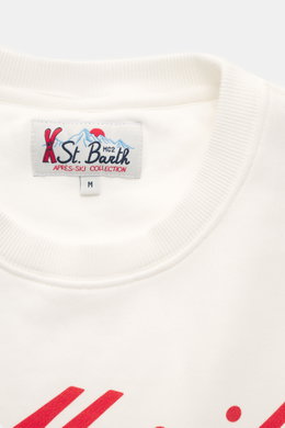 Close-up front view of MC2 Saint Barth Sweatshirt 'Soho' cream, showing pure cotton fabric, soft touch, distinctive vintage print, slim fit, crew neckline, sleeve cuffs with tonal logo stitching, and comfortable ribbed cuffs.
